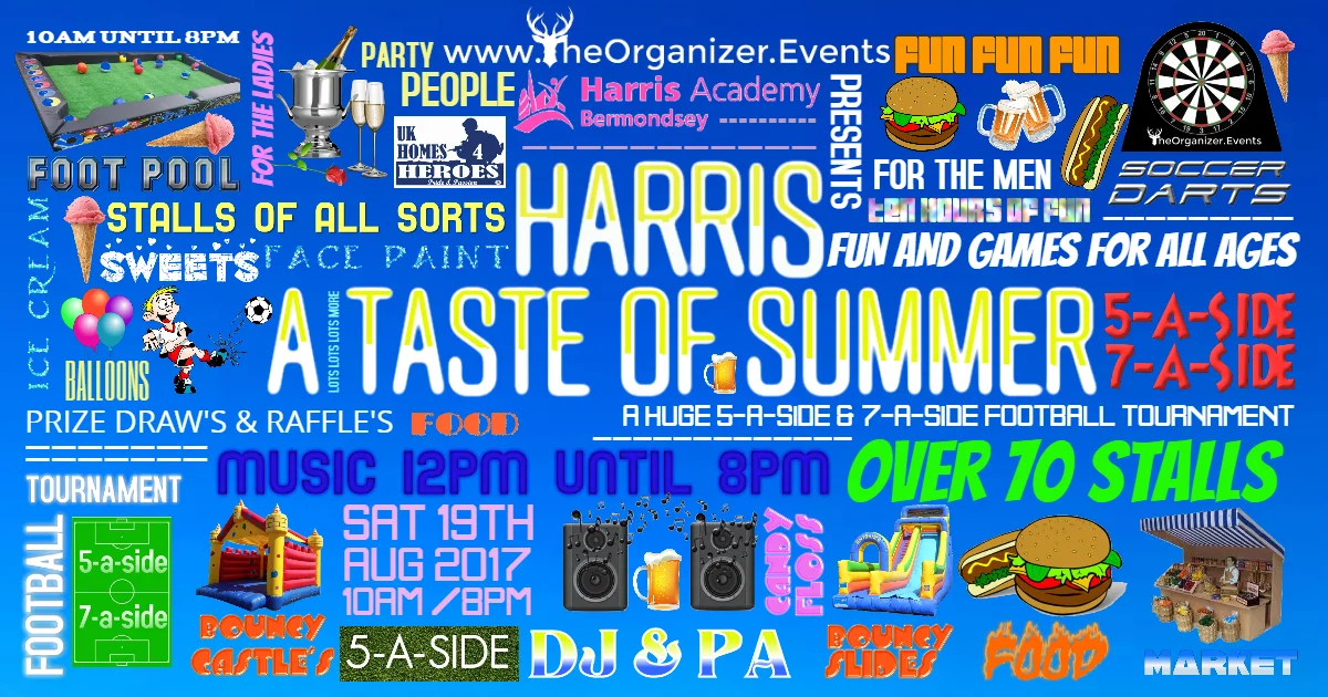 WE HAVE THREE AREAS OF FUN FOR ALL AGES, FROM GAMES, MUSIC, FOOD AND BAR, FOOTBALL TOURNAMENTS TO A LARGE MARKET MAIN AREA The main area is the heart of the event we have games to delight you all, Soccer Darts, Foot Pool, Bouncy Castles, Huge Slides, Face Painters, Balloons, plus lots lots more! All games will be tokens to play £2 per token, £10 for 6 tokens One Token per person per game or £20 Unlimited play wrist band, T&Cs apply (sold at one location) Food Area serving hot and cold food Two Bar areas one serving alcohol (one token per drink) other bar will be serving serving soft drinks AREA 2 Four football tournaments from ages 8 and up, Starting at 11AM We are running three 5-a-side and two 7-a-side football tournaments Tournament 1 K.O 10:30am Age 8-11 5-a-side(16-24) Teams of 8 players)£40 per team entry £5 per player £200 cash prize for winning team+trophy £80 cash prize + trophy for runner up. Tournament 2 K.O 13:30pm Ages 12-15 5-aside(16-24) Teams of 8 players £40 per team entry £5 per player £200 cash prize for winning team+trophy £80 cash prize + trophy for runner up Tournament ( 3 ) K.O 11:00 am ( 4 ) K.O 14:00 Age 16+ 7-a-side (16/24 teams of 10 players)£100 per team entry £10 Per player £500/£800 cash prize winning team + trophy £200/£400 cash prize + trophy for runner up. FREE water bottles of water will be provided to all players through out the tournament To book your team into one of our great tournaments please click on FOOTBALL All games will be played by standard 5 & 7 A side rules 5 minuits per half Prize presentation will be held 30 minutes after the the final of your tournament has been played, At the DJ stand in the games location Medals for all players plus golden boot top goal scorer in your tournament (Prize money is subject to tournament capacity) AREA 3 Area 3 is the market we have room for over 70 stall If you would like to book a stall space please select the stall size you need from one of the PayPal links STALLS (hot Food Space Not Available) Stall Sizes Gazebo 3X3 £25, 3X4 £35, 3X6 £50, (Must Provide your own gazebo) (Gazebo not a requirement) We are expecting several thousand at this event so Stalls and football tournament spaces will be at a first come first serve, Book your spot as early as you can to avoid disappointment If you would like more information on any of the areas please TheOrganizer Tel:07555414688 Email: the.organizer@hotmail.com please Follow us on all social media for up coming event dates & locations