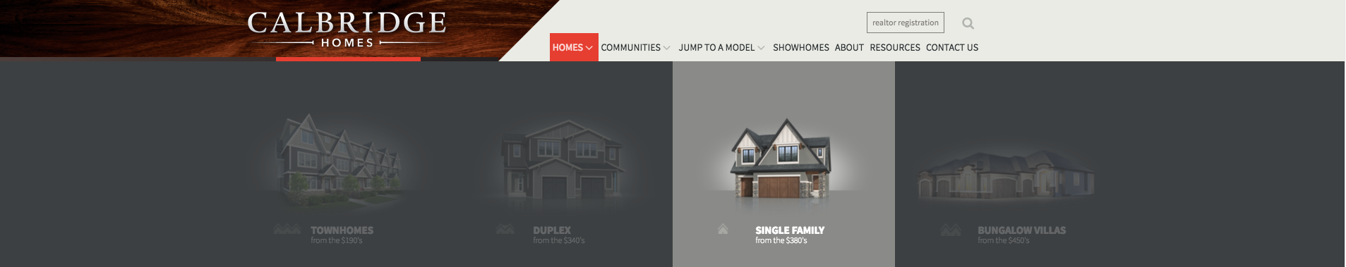 A screenshot of the Calbridge Homes 'model' mega-menu.