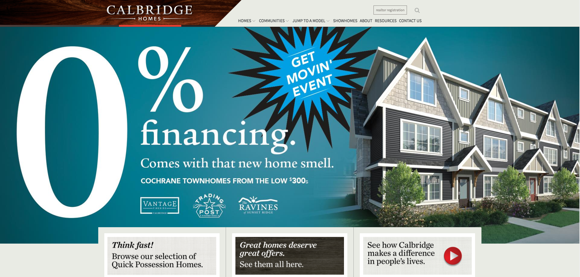 A screenshot of the Calbridge Homes homepage.