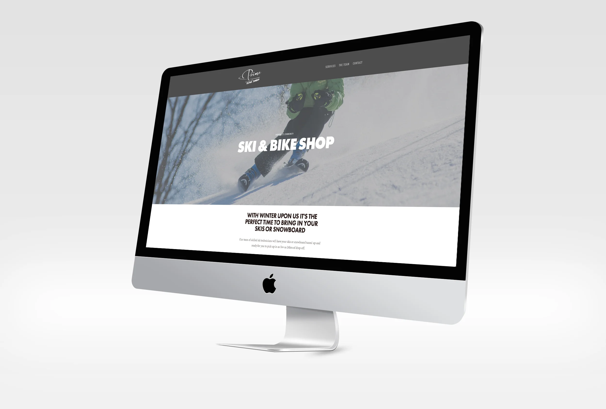 Prime Tune Ski & Bike Shop homepage, winter.