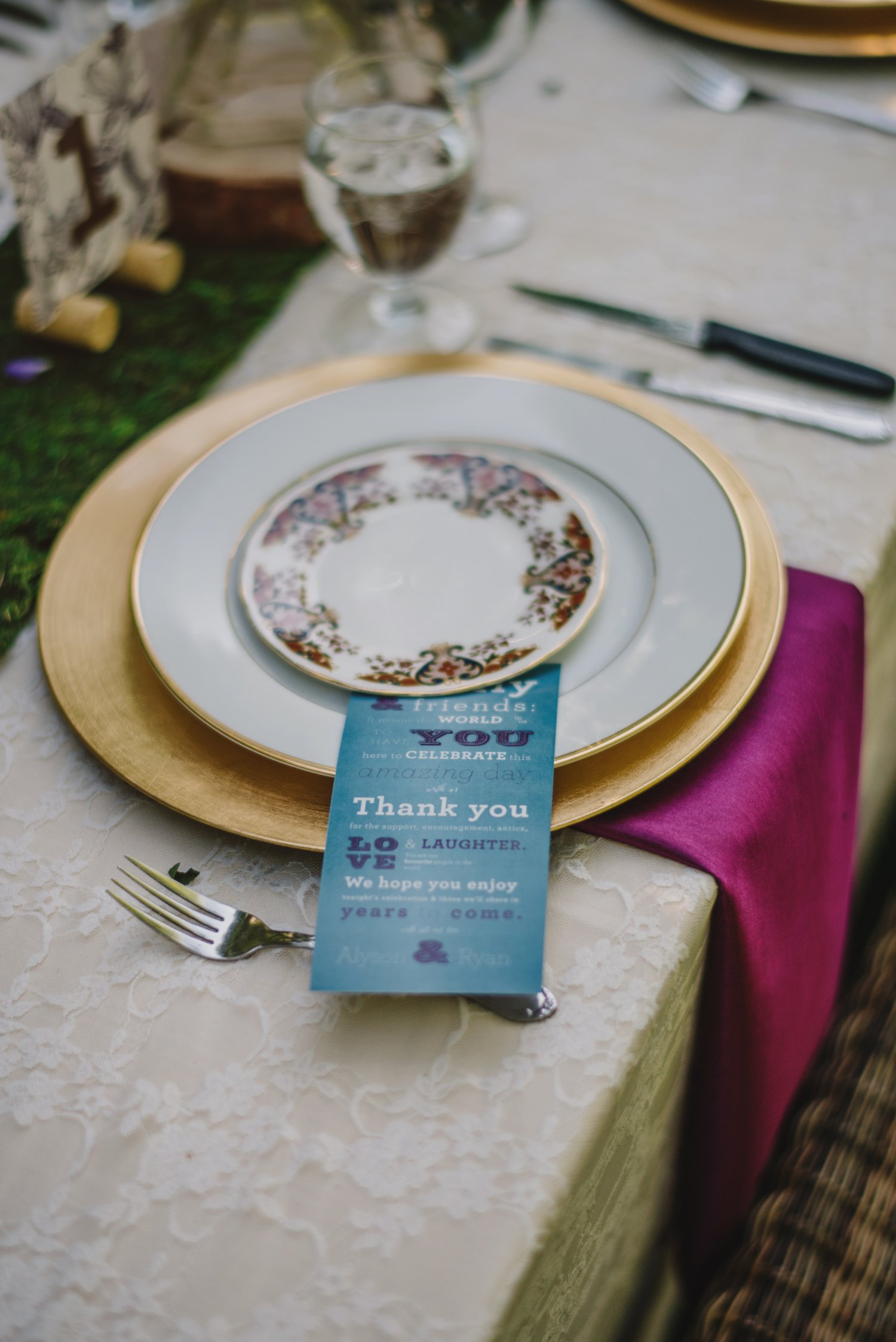Thank you notes tucked into the place-setting. These were designed on the reverse side of the dinner menu. 