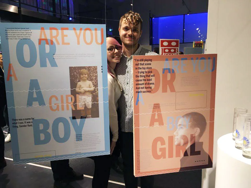 "Are you a girl or a boy" poster series hanging at 100 Jahre anniversary reception for Jugendamt, Graz AT. Jan, 2017
