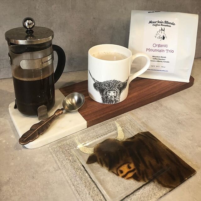 Love my morning coffee and everything in this photograph!

Highland cow plate from my lovely sister Karin, mug from a fab day out at Culzean Castle with my other sister Audrey, spoon from my eldest son and fabulous coffee from @mountainblends 
Such a