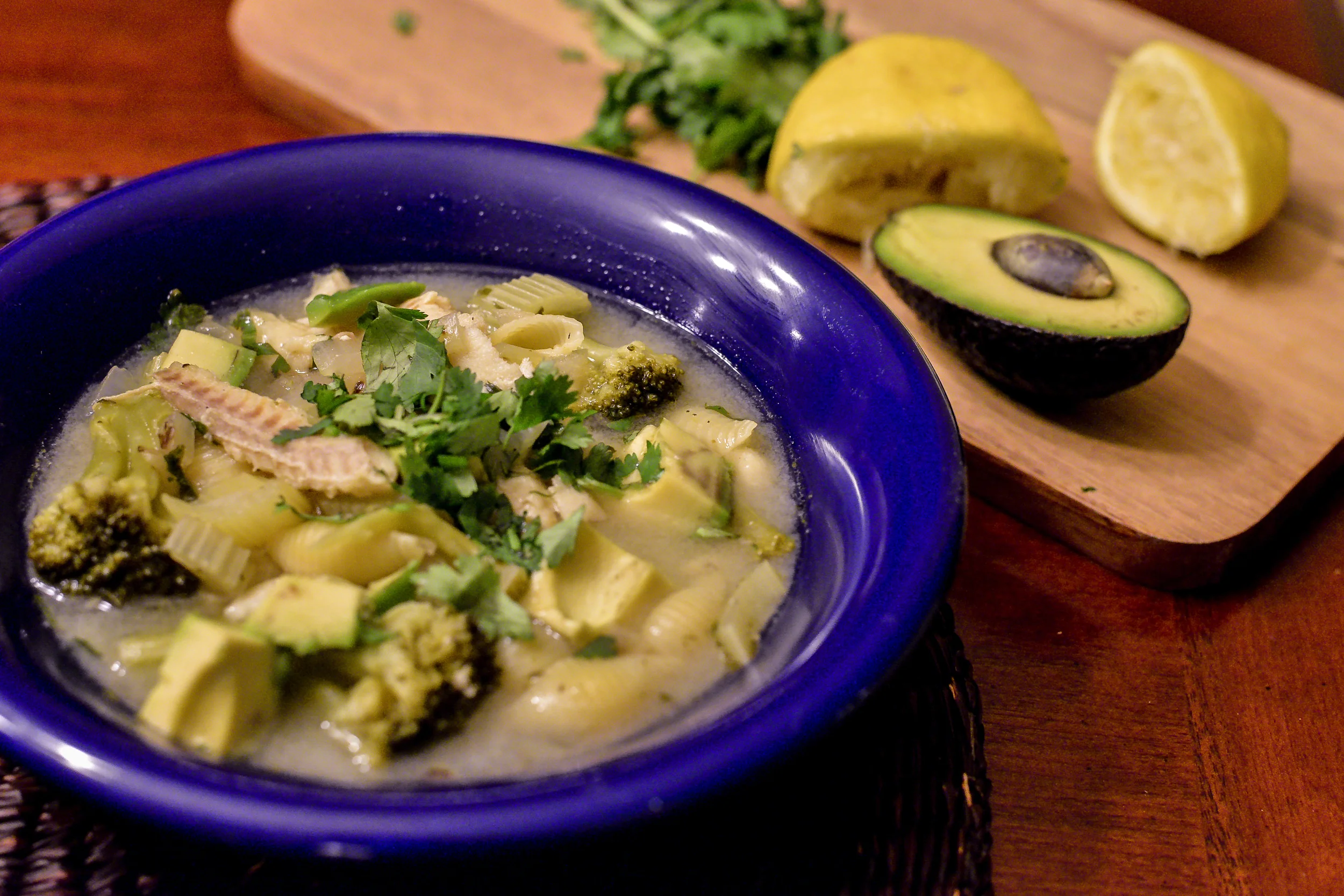 Plated Lemon Fish Soup with Pasta and Broccoli. Serve with a side of crusty bread or hot cheese quesadillas. Delicious! 