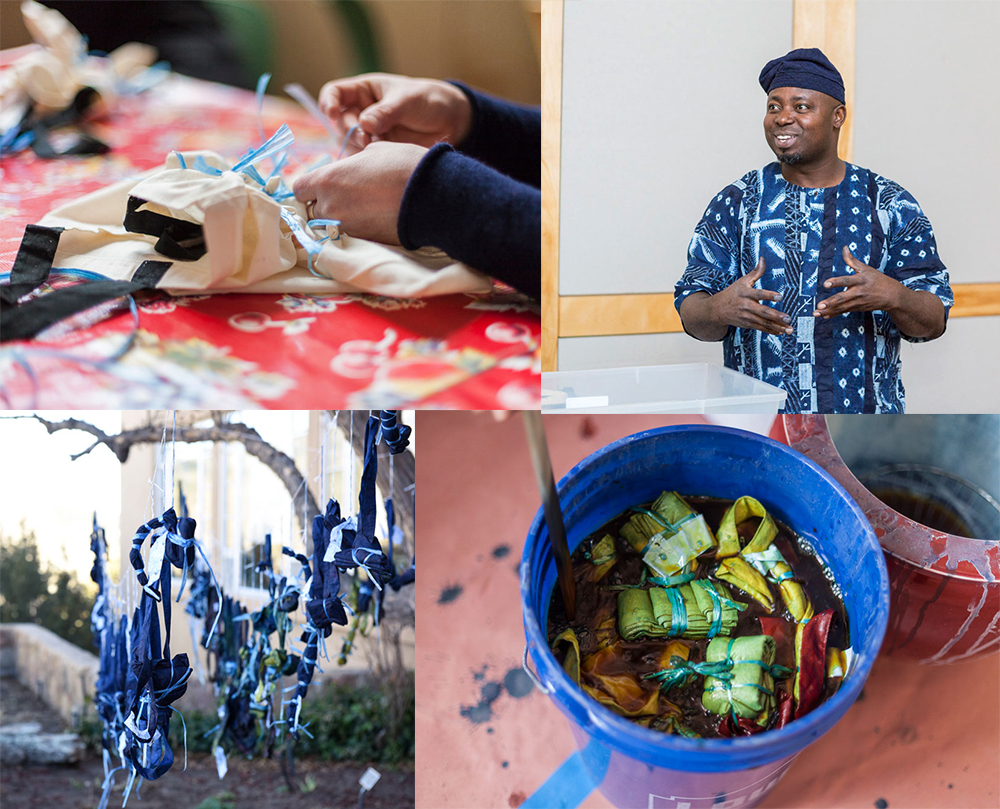 One of the hands-on workshops making tie-dyed indigo tote bags with Nigerian Master Indigo Dyer, Gasali Adeyemo.