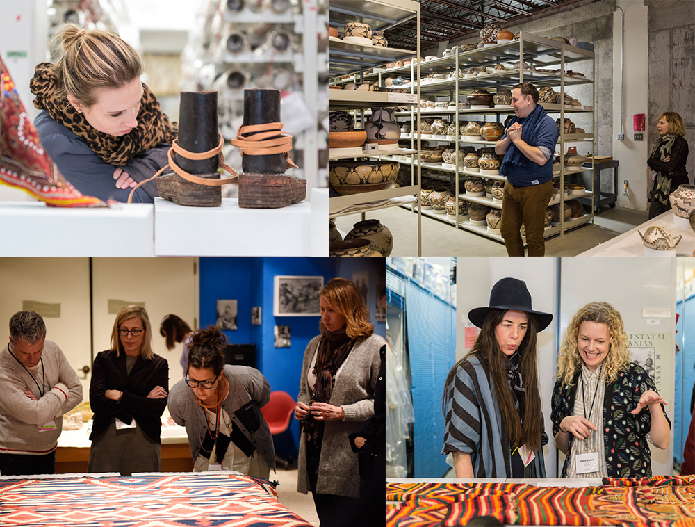 L to R: Elissa Murry of Wolf Gordon, Khristian Lazzaro of West Elm, attendees examining rugs at the Museum of Indian Arts & Culture, Cary Vaughan and Jenna Wilson of Ace & Jig