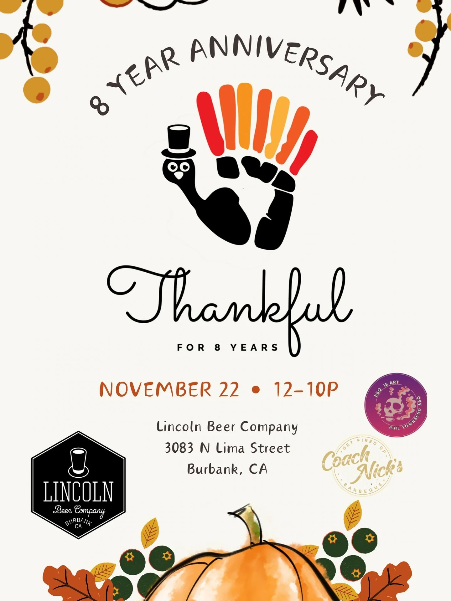 Cheers to 8 Years! 🎉

We&rsquo;re so thankful for 8 amazing years at Lincoln Beer Company and we want to celebrate with YOU! Join us on Saturday, November 22nd from 12-10pm for new beer releases, a commemorative glass while supplies last, and a fun,