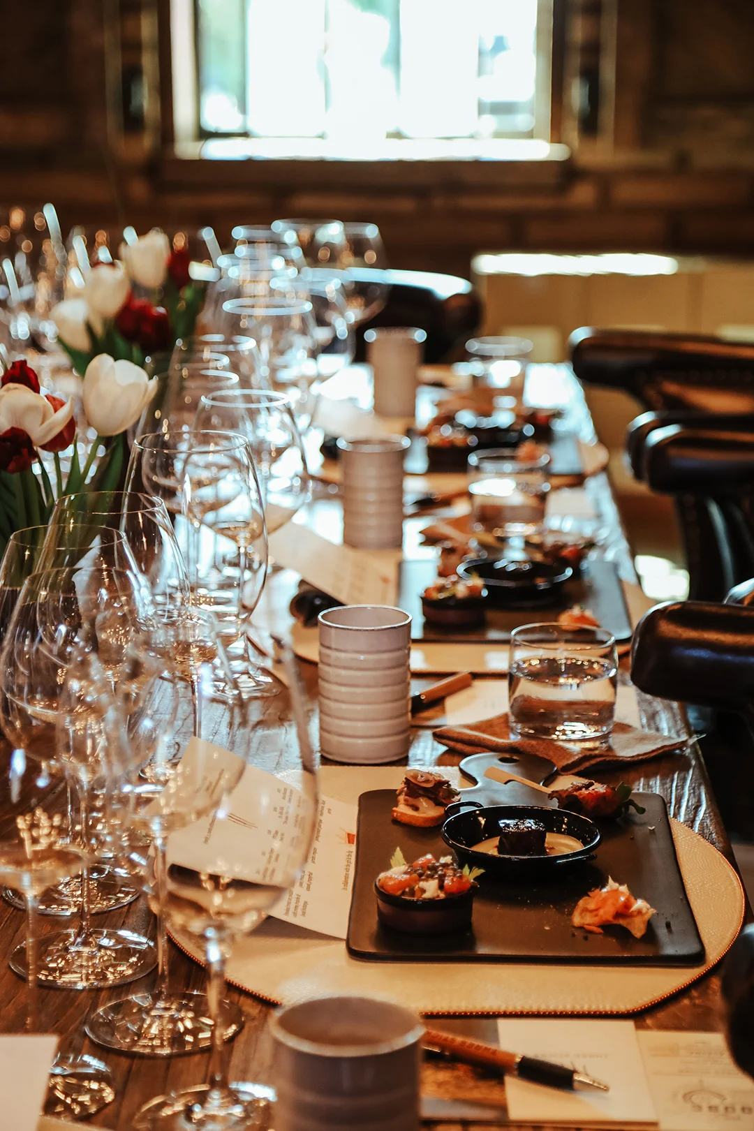 The beautiful set up of the room where we enjoyed the food & wine pairing.