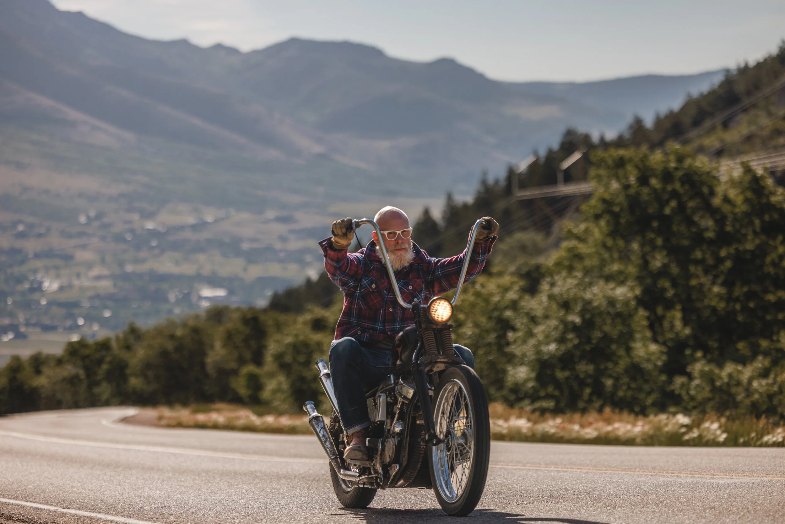 Black Bear Brand ULTIMATE WOOL Chore Coat - WILDFLOWER Harris Tweed on the designer riding his motorcycle