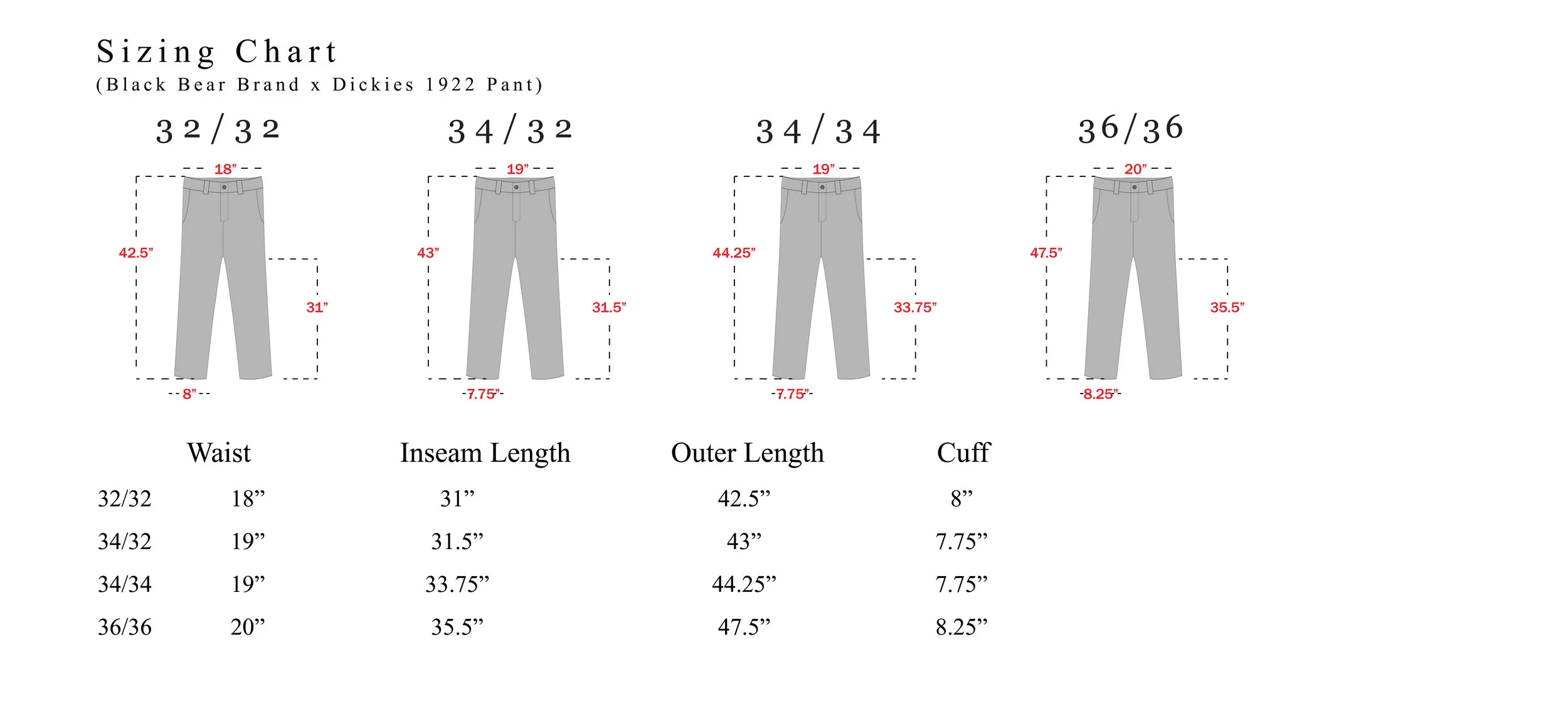 dickies pants size chart 