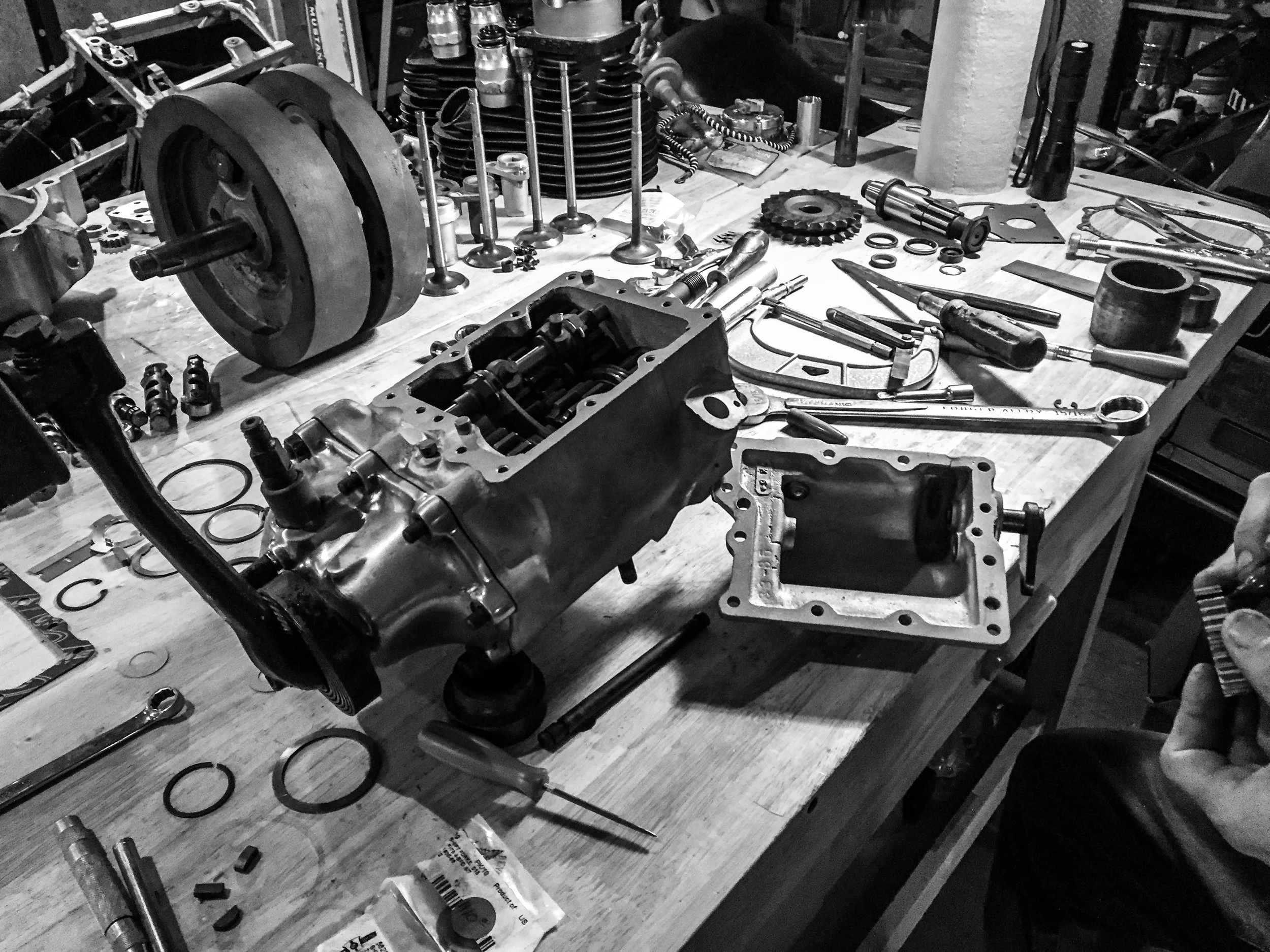  Black Bear Brand's 1937 Harley Davidson Flathead engine being assembled in Pennsylvania by Ryan Arnold for The Race of Gentlemen.&nbsp;Photo by: Chad Lyons 