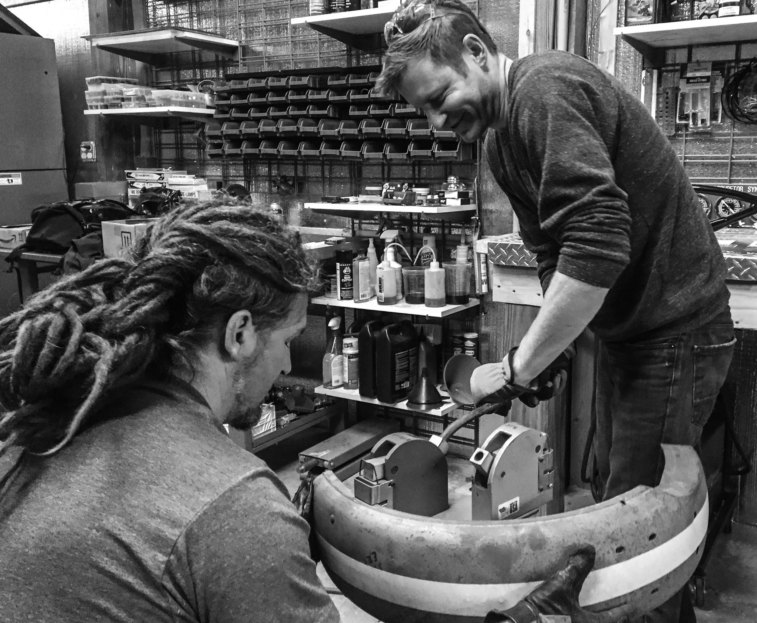  Nate Wessel and Ryan Arnold working on the Black Bear Brand 1937 Harley Davidson Flathead fender.&nbsp;Photo by: Chad Lyons 