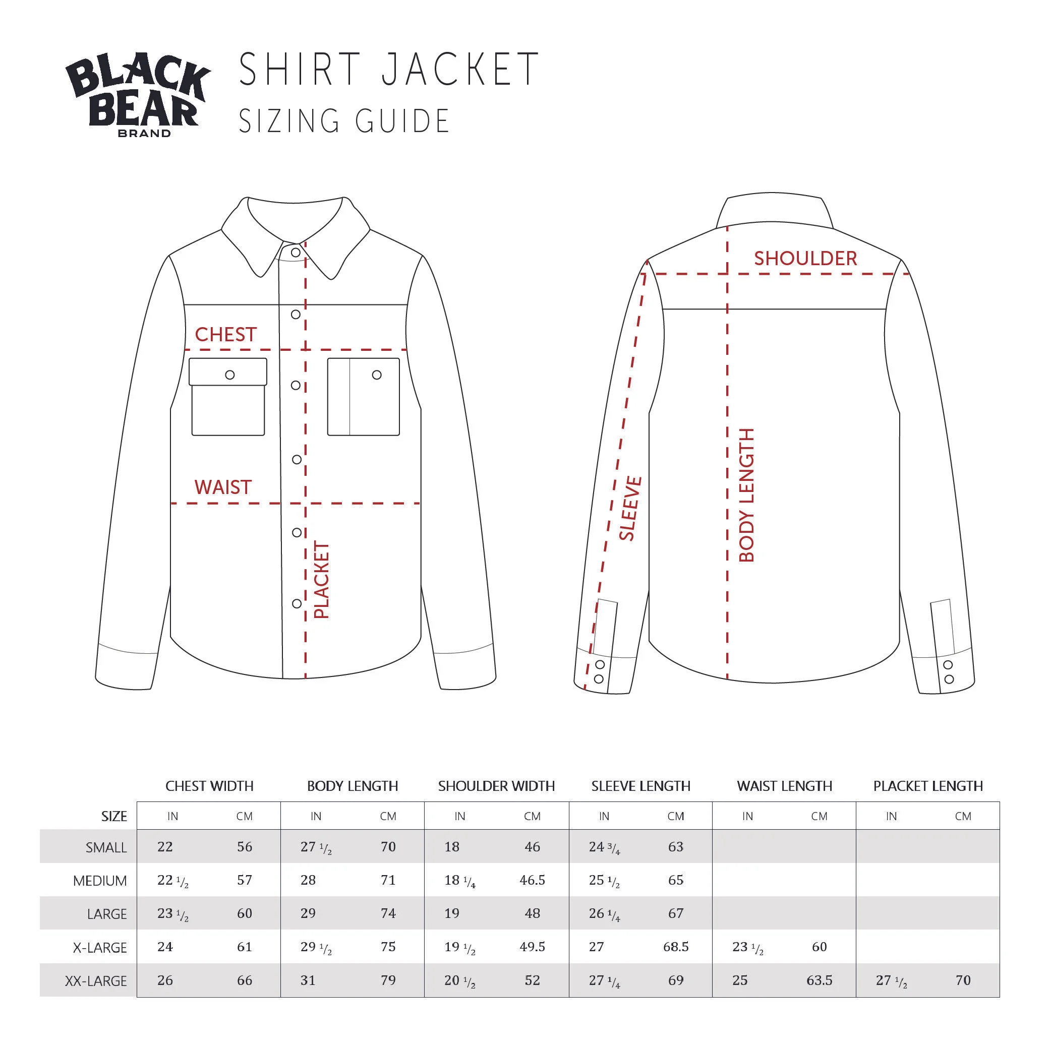 Black Bear Brand jacket/shirt size guide