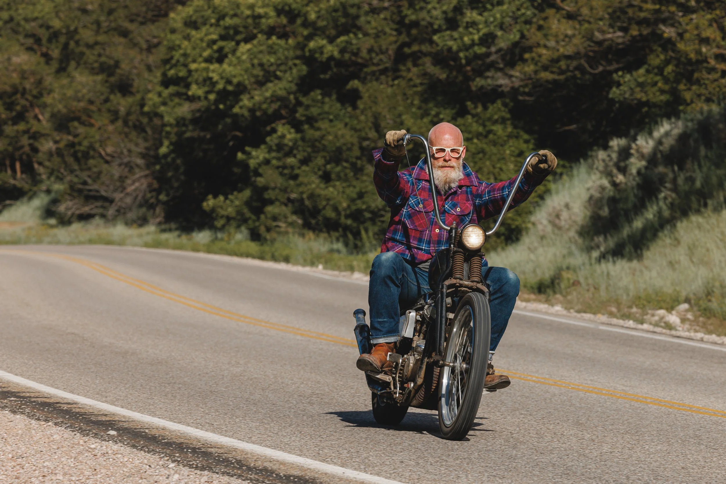 Black Bear Brand ULTIMATE WOOL Chore Coat - WILDFLOWER Harris Tweed on the designer riding his motorcycle