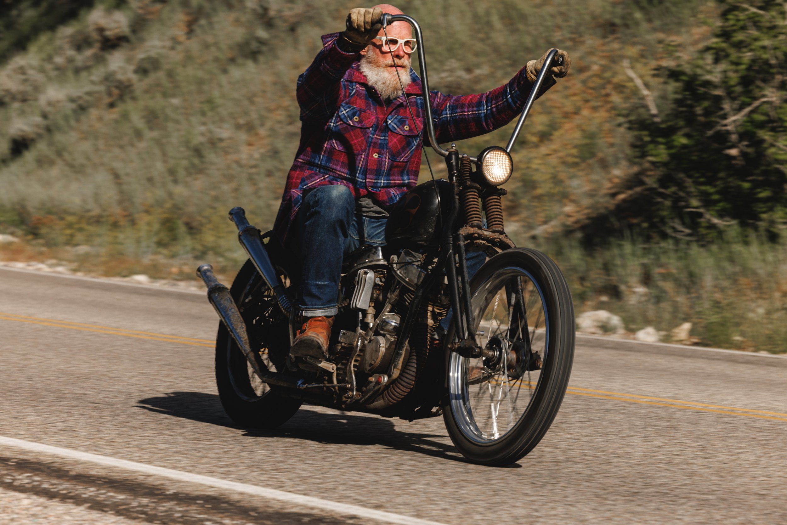Black Bear Brand ULTIMATE WOOL Chore Coat - WILDFLOWER Harris Tweed on the designer riding his motorcycle