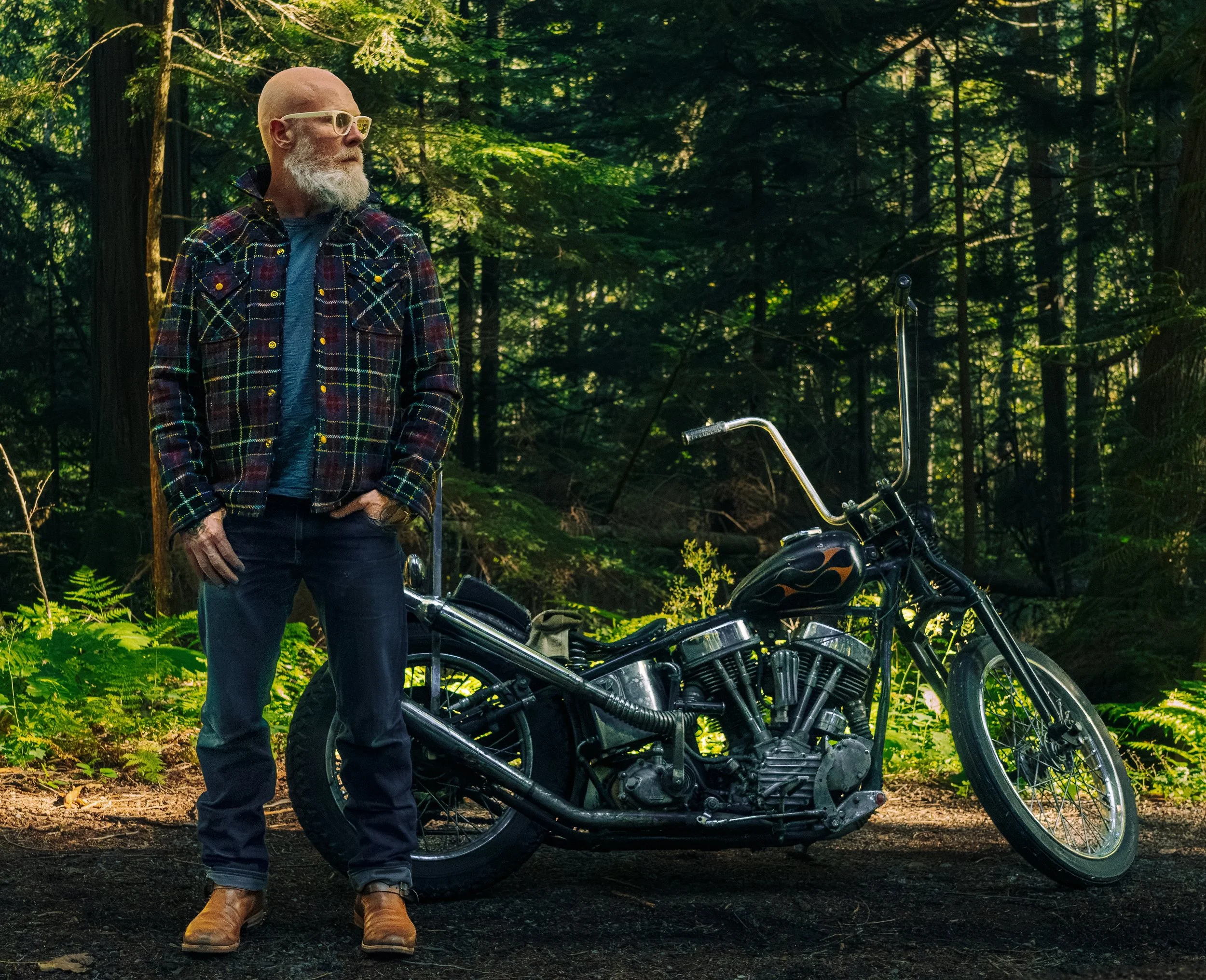 BlackBearBrand Midnightglen harris tweed tartan coat in forest josh sirlin and chopper profile.jpg