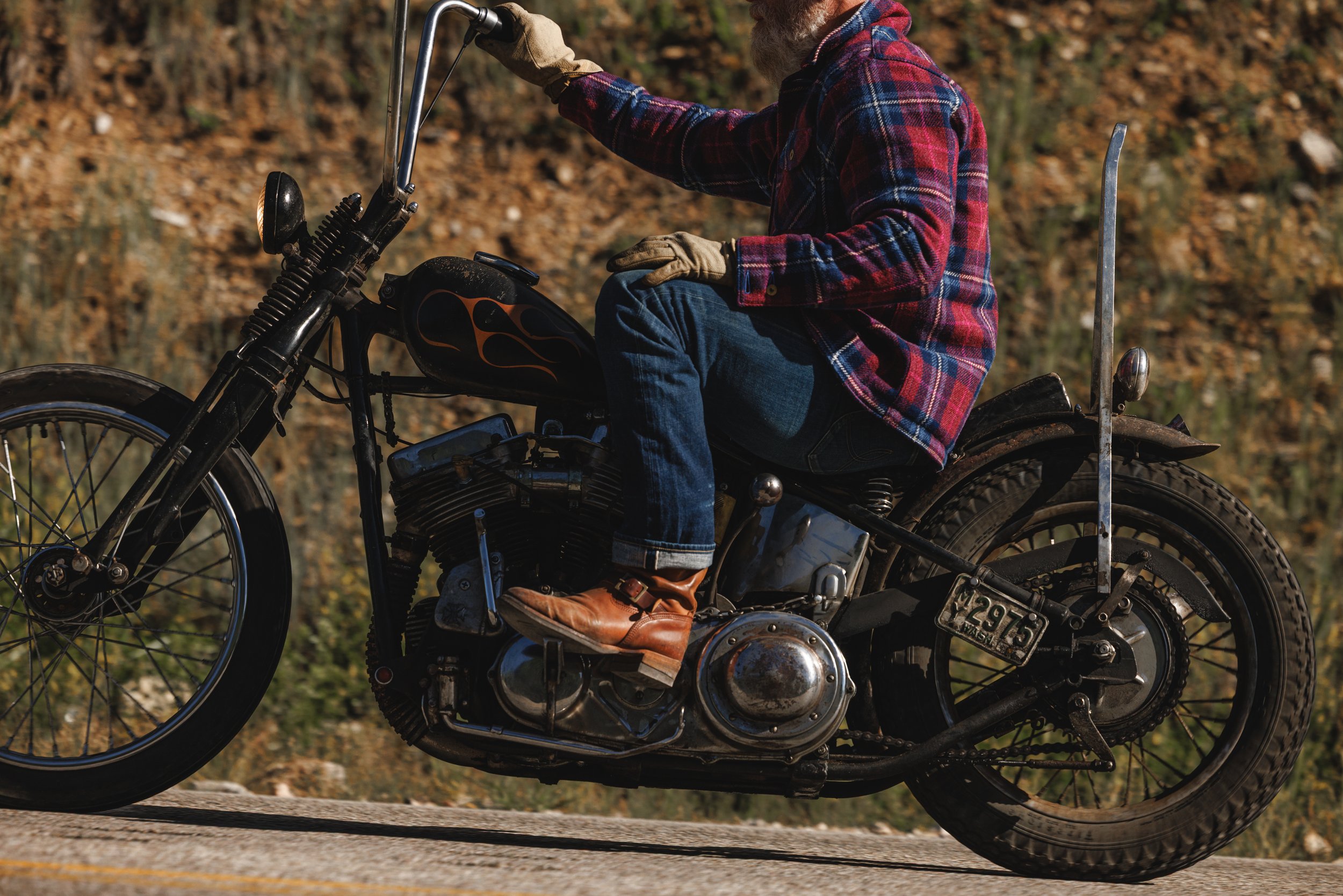 Black Bear Brand ULTIMATE WOOL Chore Coat - WILDFLOWER Harris Tweed on the designer riding his motorcycle