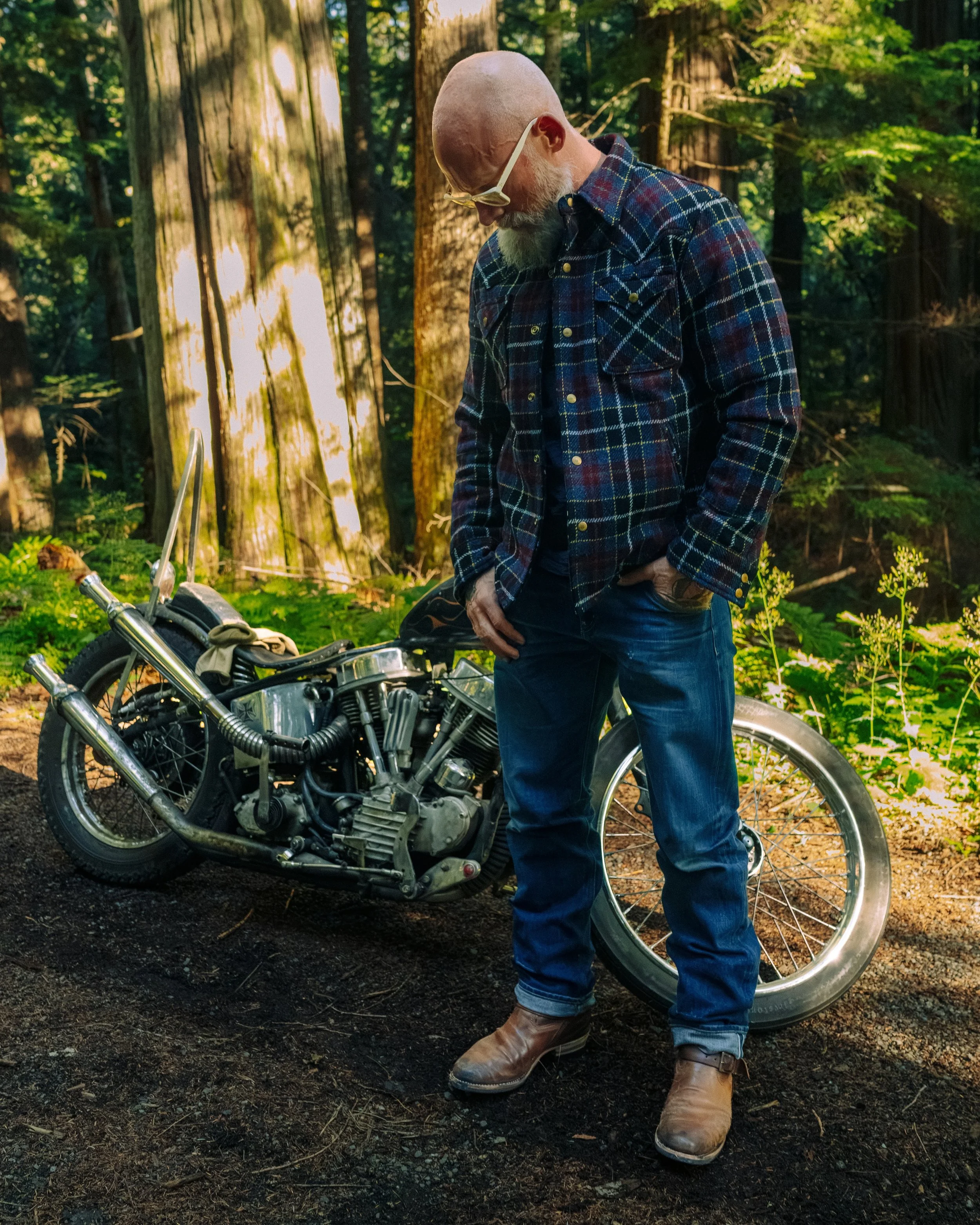 Black_Bear_Brand-midnight-glen-tartan-harristweed-western-jacket forest and harley.jpg