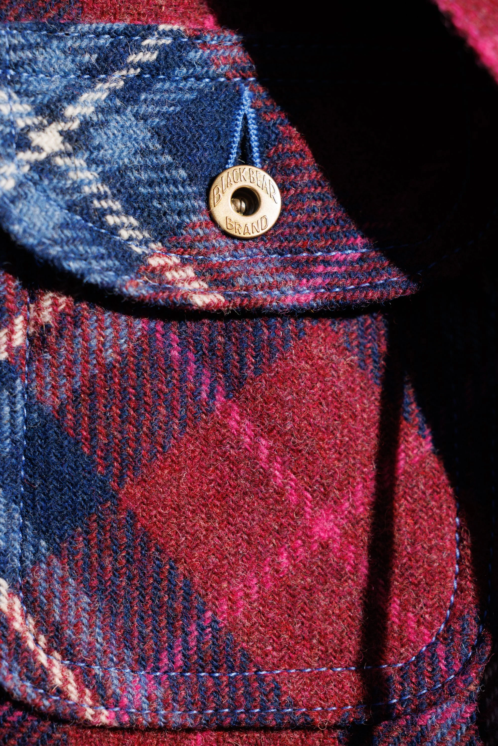 Black Bear Brand ULTIMATE WOOL Chore Coat - WILDFLOWER Harris Tweed close up of the fabric and button