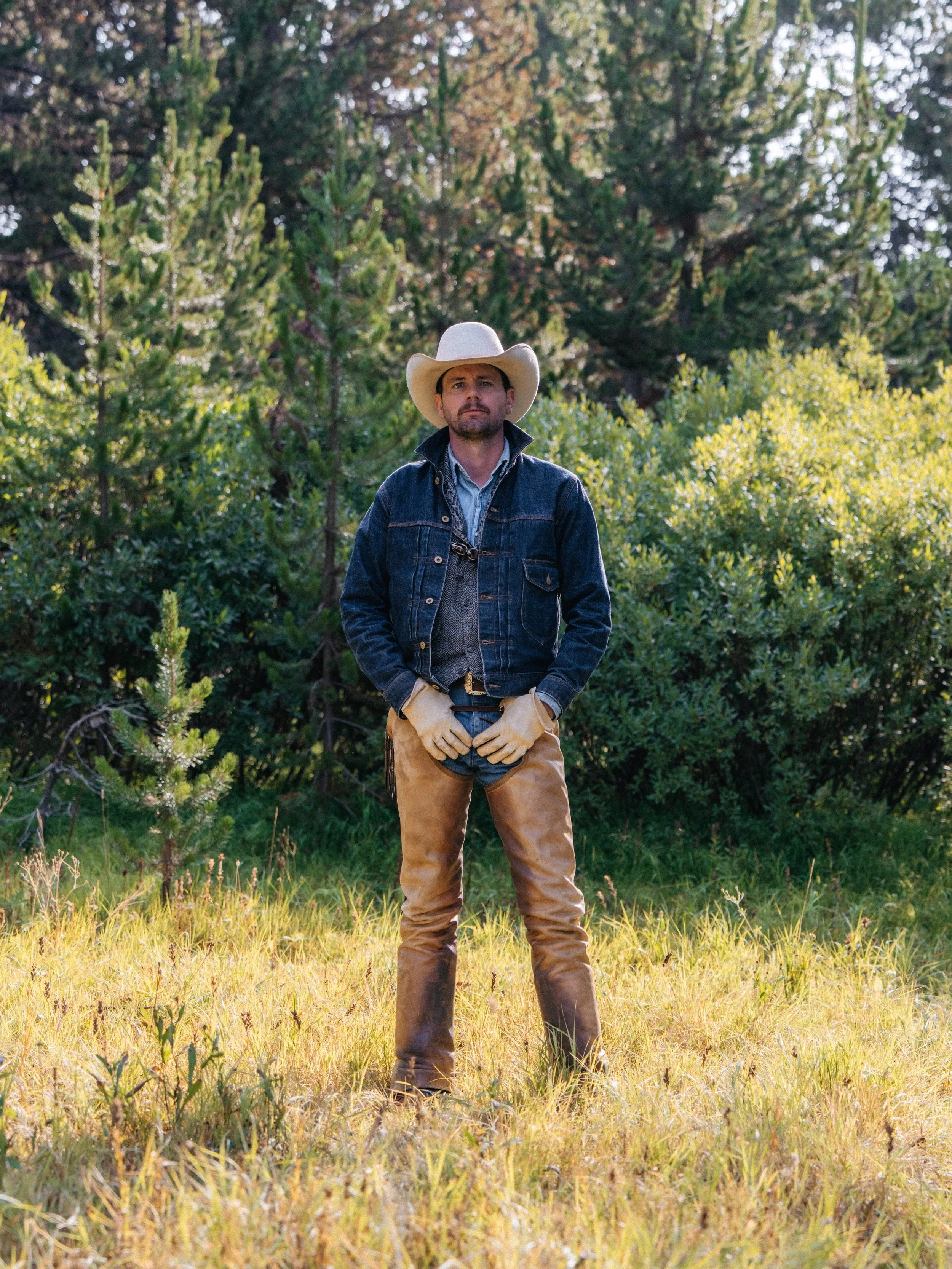 Black Bear Brand denim cowboy, jeans, jean jacket and leather golves.jpeg