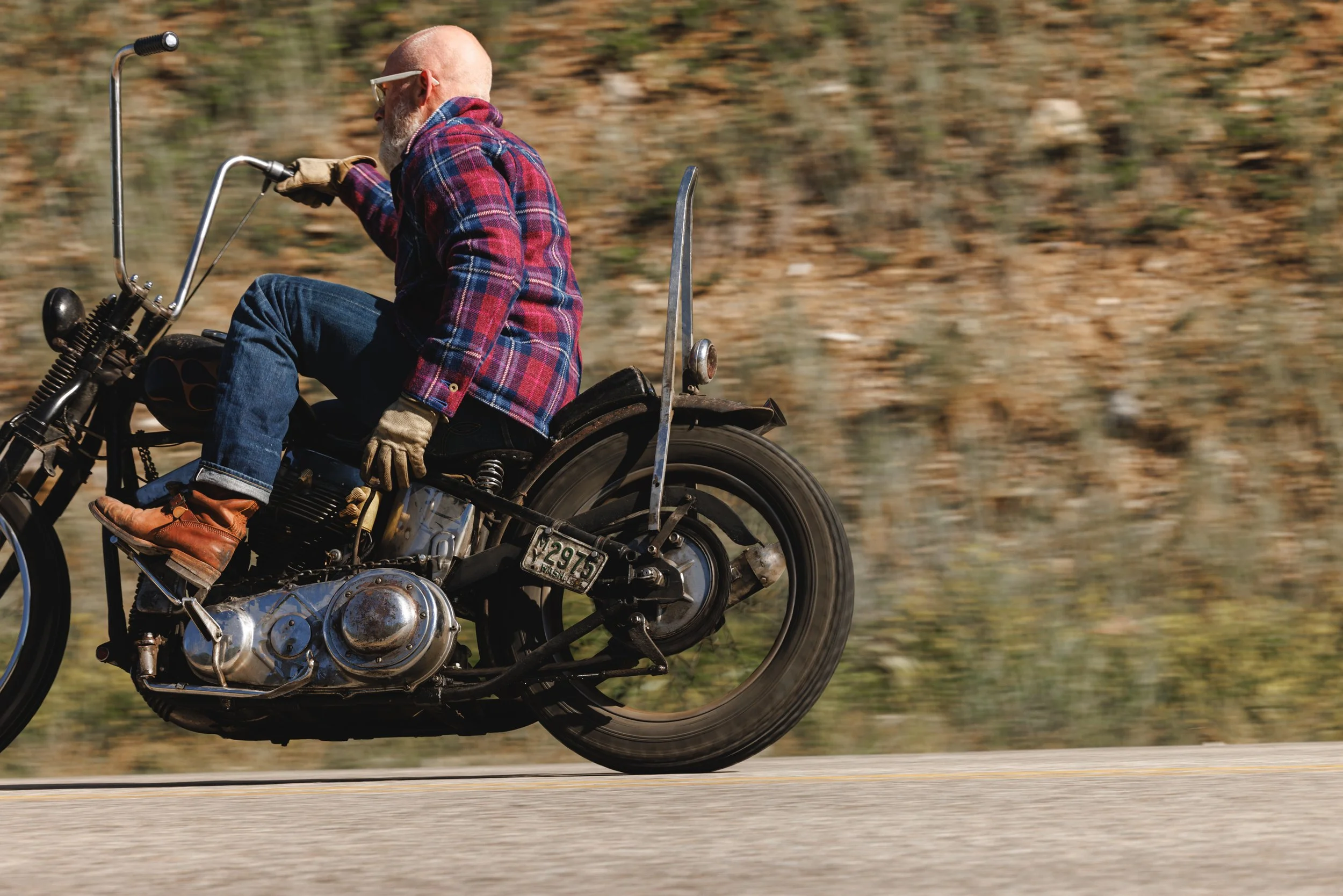 Black Bear Brand ULTIMATE WOOL Chore Coat - WILDFLOWER Harris Tweed on the designer riding his motorcycle