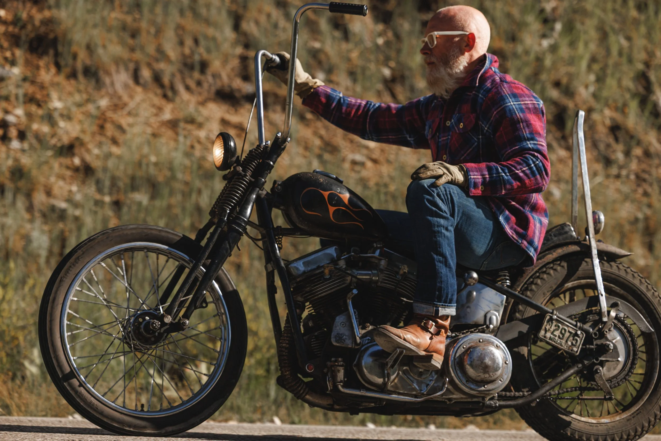 Black Bear Brand ULTIMATE WOOL Chore Coat - WILDFLOWER Harris Tweed on the designer riding his motorcycle