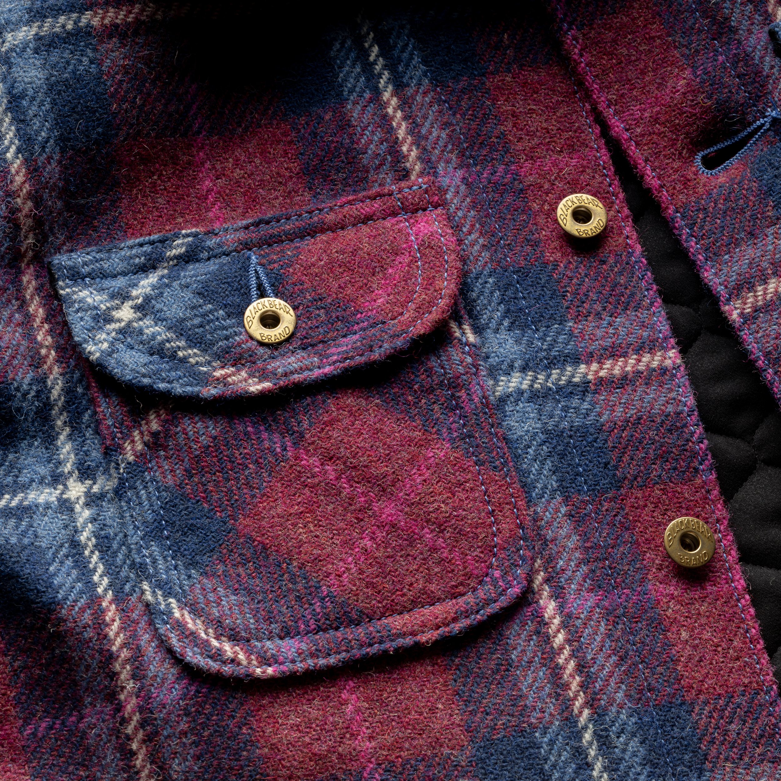 Black Bear Brand ULTIMATE WOOL Chore Coat - WILDFLOWER Harris Tweed close up of the fabric and button