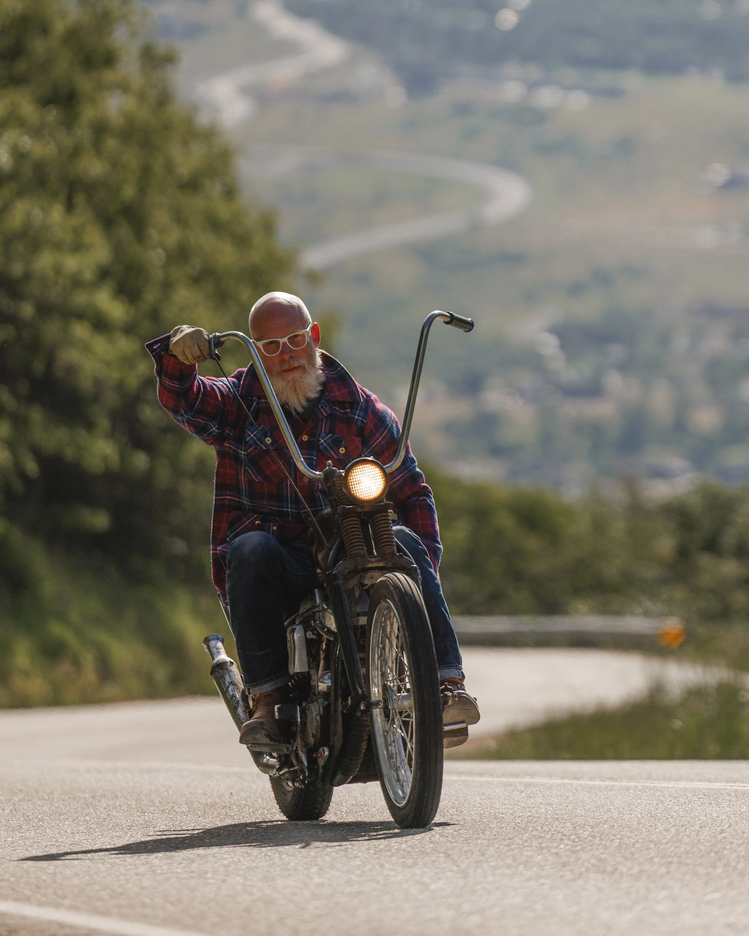 Black Bear Brand ULTIMATE WOOL Chore Coat - WILDFLOWER Harris Tweed on the designer riding his motorcycle