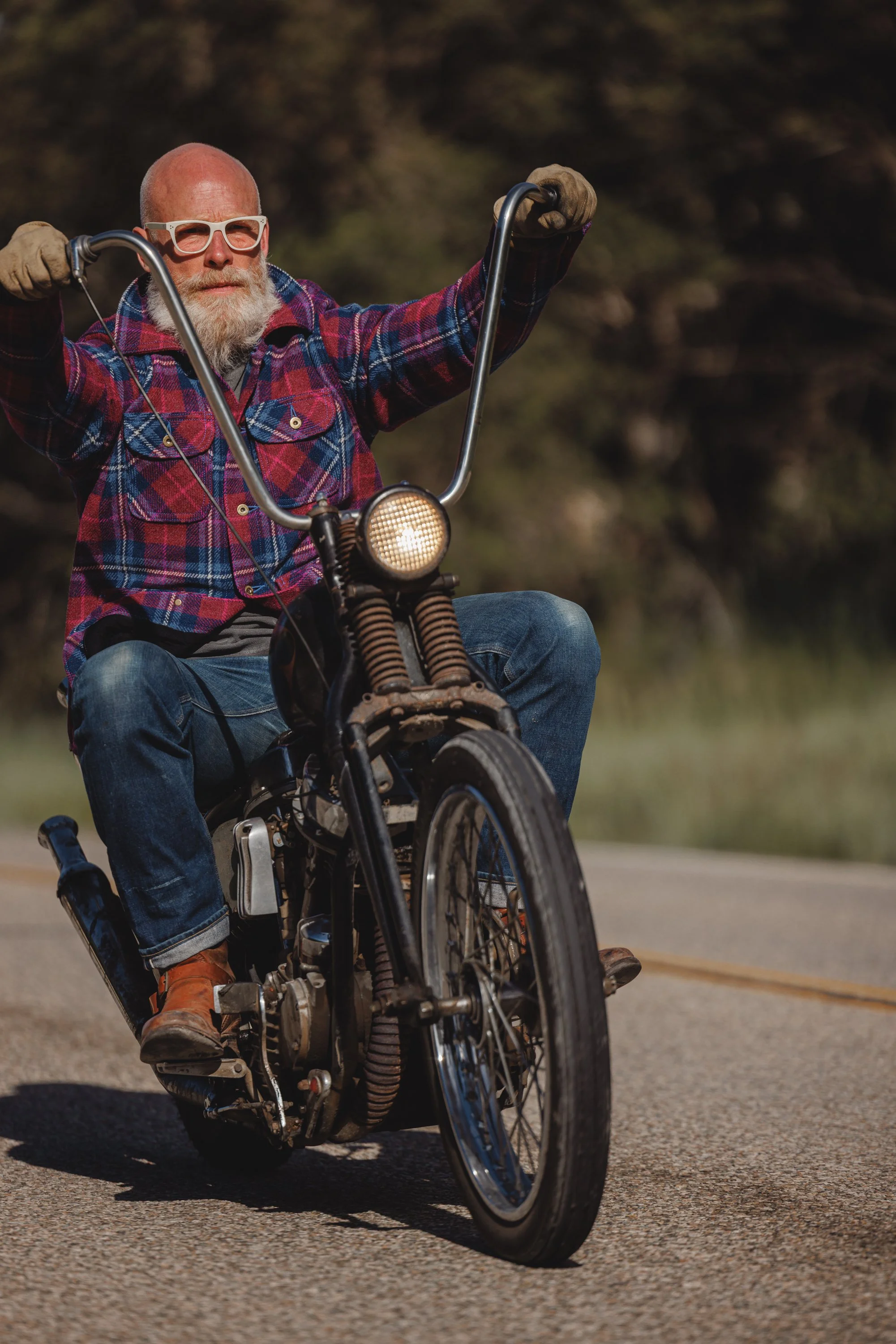 Black Bear Brand ULTIMATE WOOL Chore Coat - WILDFLOWER Harris Tweed product photo on Josh riding his harley