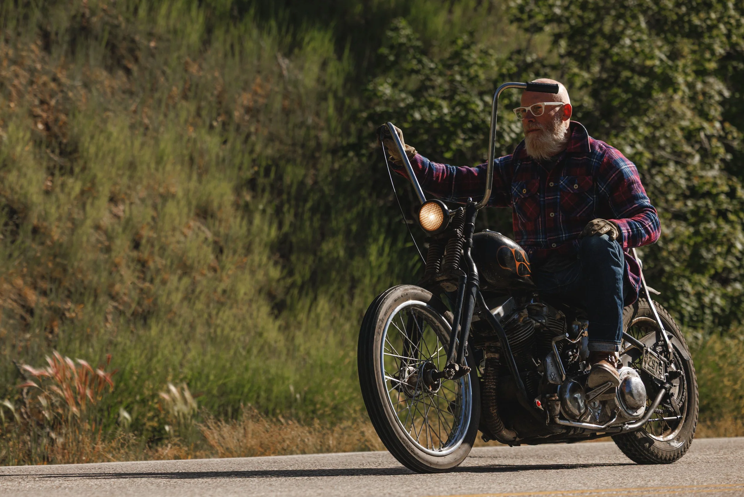 Black Bear Brand ULTIMATE WOOL Chore Coat - WILDFLOWER Harris Tweed on the designer riding his motorcycle