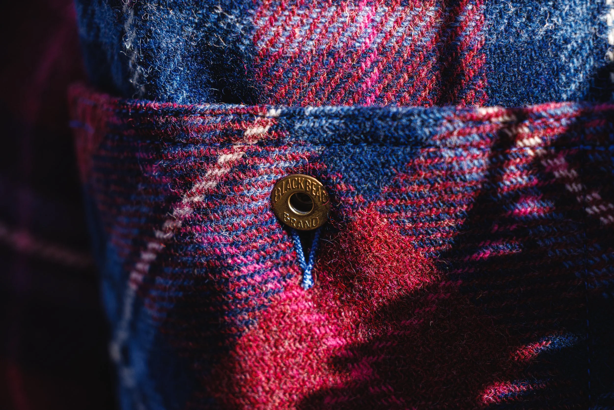 Black Bear Brand ULTIMATE WOOL Chore Coat - WILDFLOWER Harris Tweed close up of the fabric and button