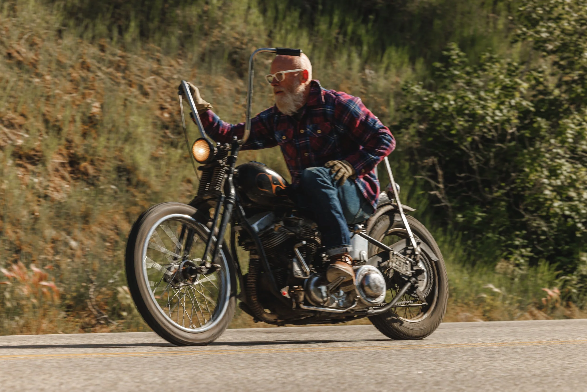 Black Bear Brand ULTIMATE WOOL Chore Coat - WILDFLOWER Harris Tweed on the designer riding his motorcycle