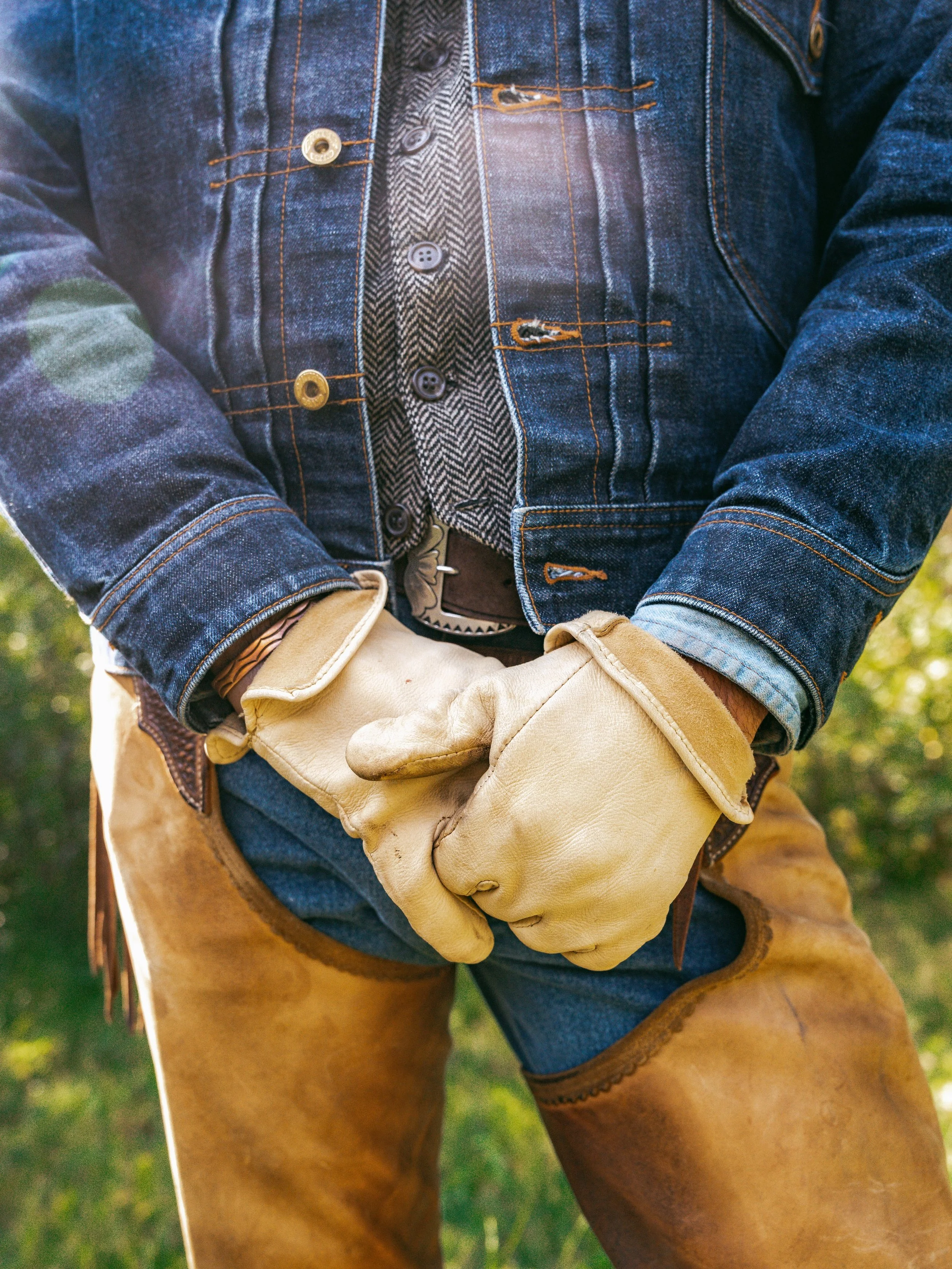 Black Bear Brand jean, jean jacket and gloves.jpeg
