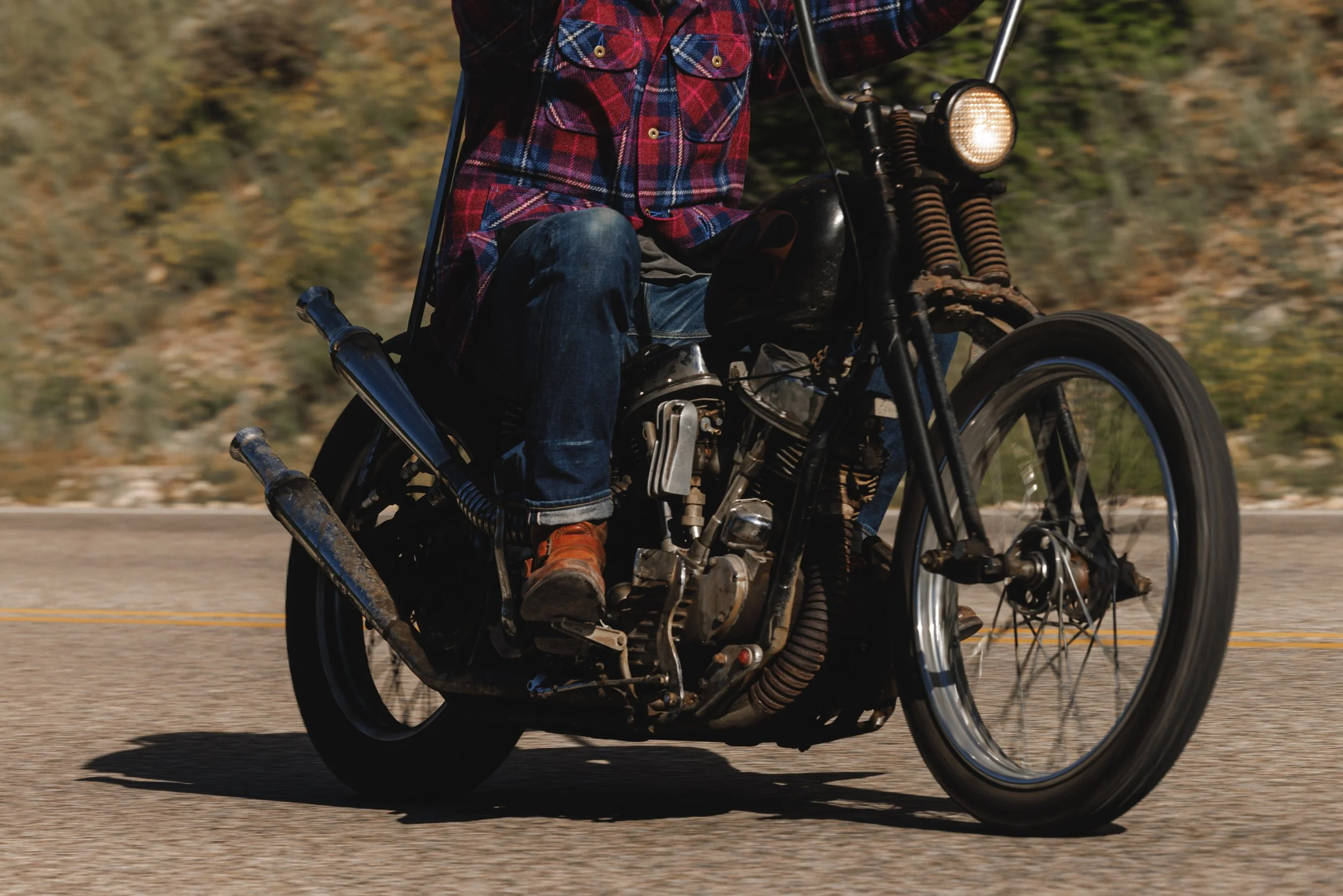 Black Bear Brand ULTIMATE WOOL Chore Coat - WILDFLOWER Harris Tweed on the designer riding his motorcycle