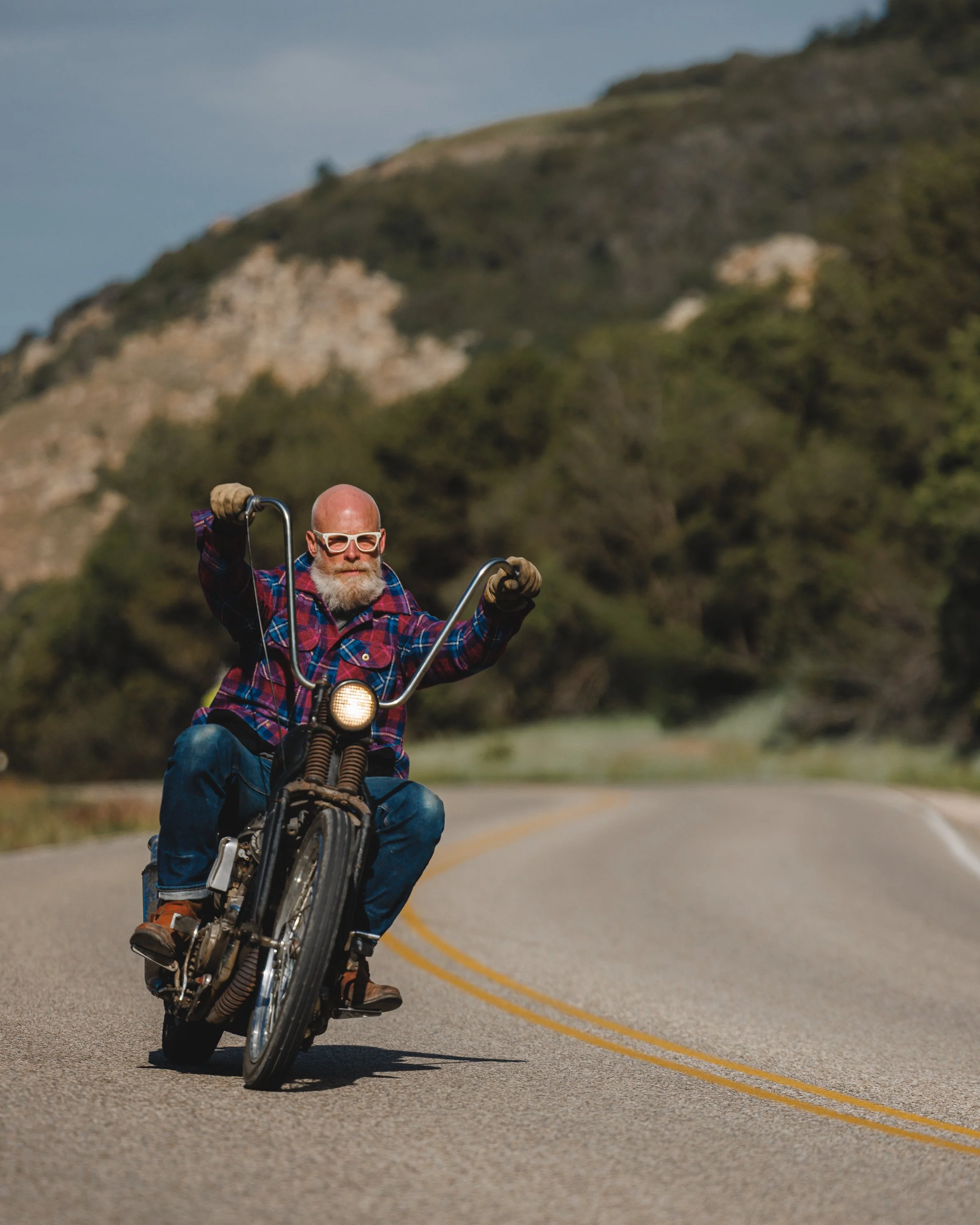 Black Bear Brand ULTIMATE WOOL Chore Coat - WILDFLOWER Harris Tweed on the designer riding his motorcycle