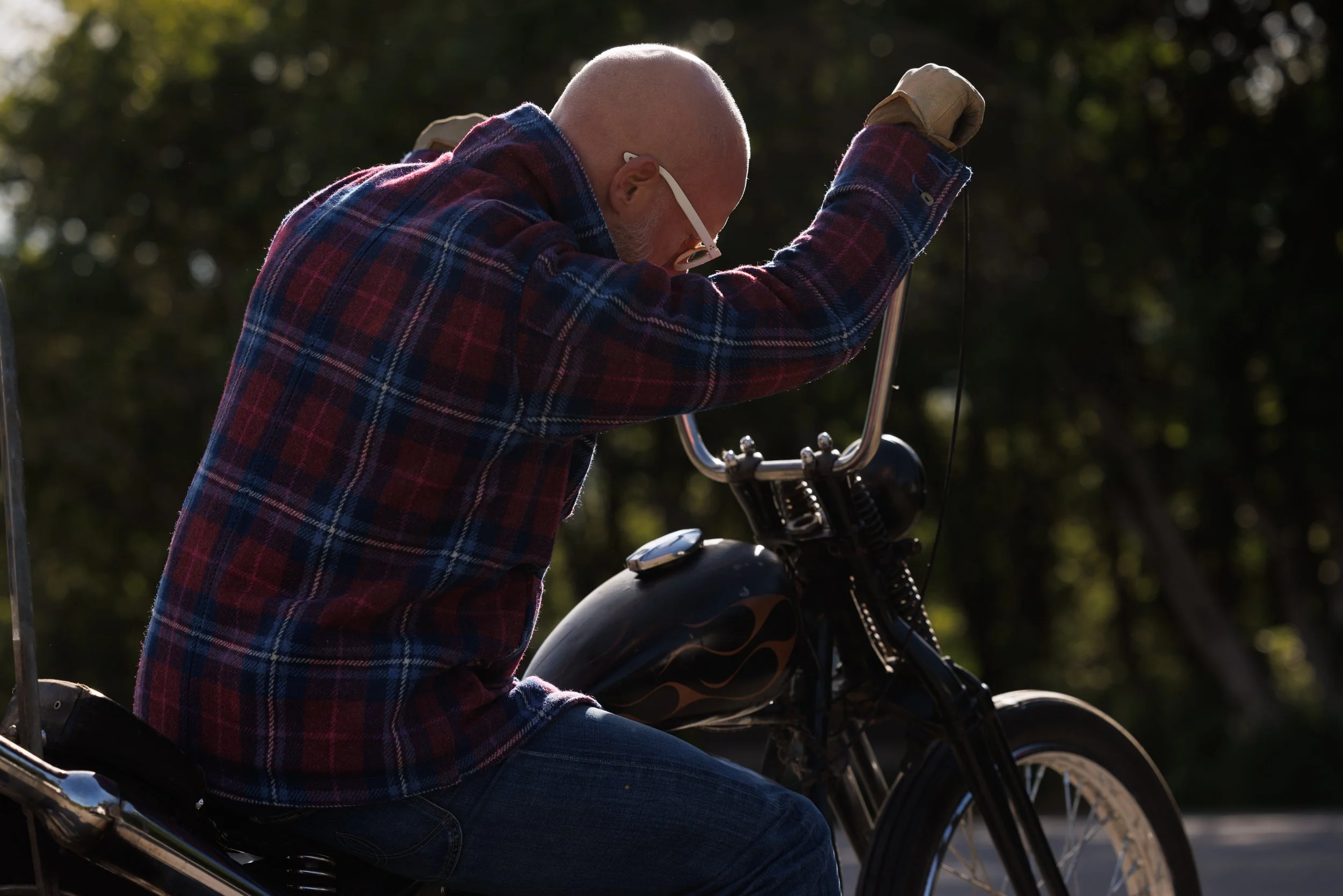 Black Bear Brand ULTIMATE WOOL Chore Coat - WILDFLOWER Harris Tweed on the designer riding his motorcycle