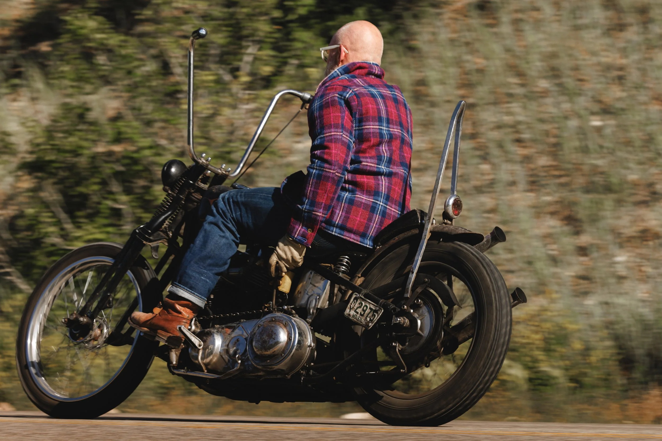 Black Bear Brand ULTIMATE WOOL Chore Coat - WILDFLOWER Harris Tweed on the designer riding his motorcycle