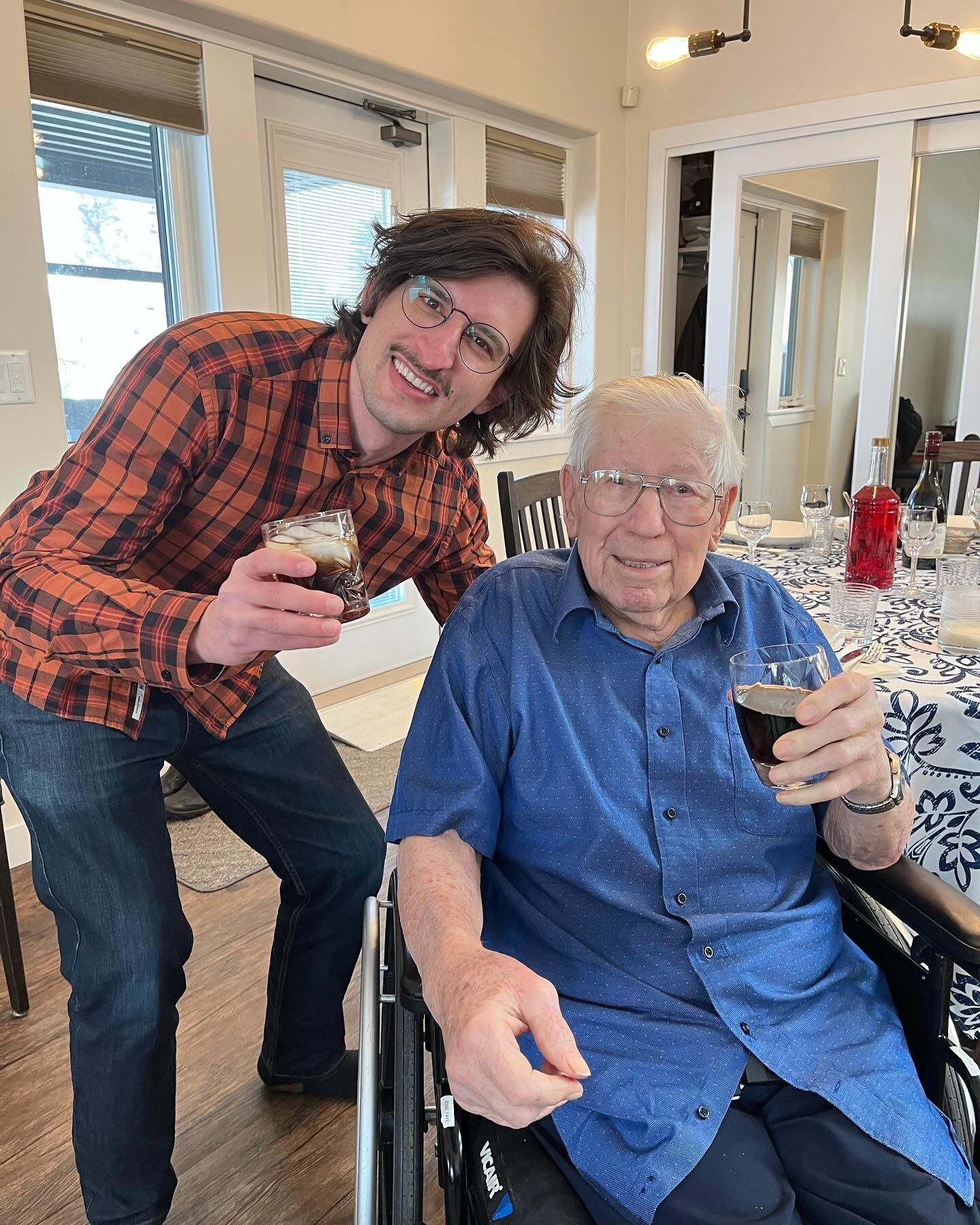 Dude&rsquo;s first time out of the hospital/transitional care/long term care home since October 2022 after getting lost in Saskatchewan&rsquo;s brutal LTC system.

Having a nice meal and an Easter drink celebrating Grandpa&rsquo;s 100&rsquo;th (!!) E