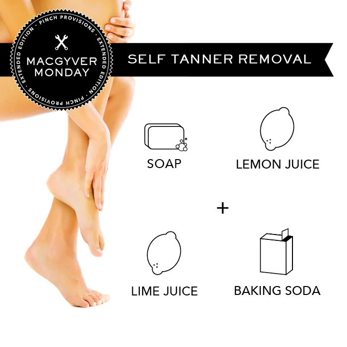 pinchprovisions :
Time for another MacGyver Monday: Extended Edition!
It is nice to have a summer glow without harmful effects of sun exposure but sometimes quick application of self-tanner can result in OMG moments.
To get rid of self-tanner streaks and blotches, mix soap, lemon juice, lime juice and baking soda and use a loofah with the mixture to gently buff your skin.
Good to know!