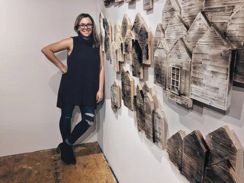 Shea, Next to her 2D wall Installation, Lost of Security at Fountain Street Fine Art Gallery, Framingham, Massachusetts