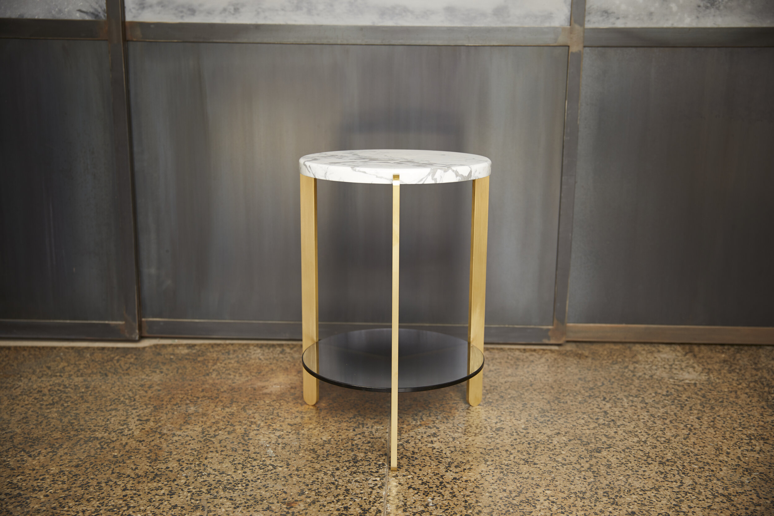 Solid Brass, White Carrara Marble, Grey Acid Etched Glass