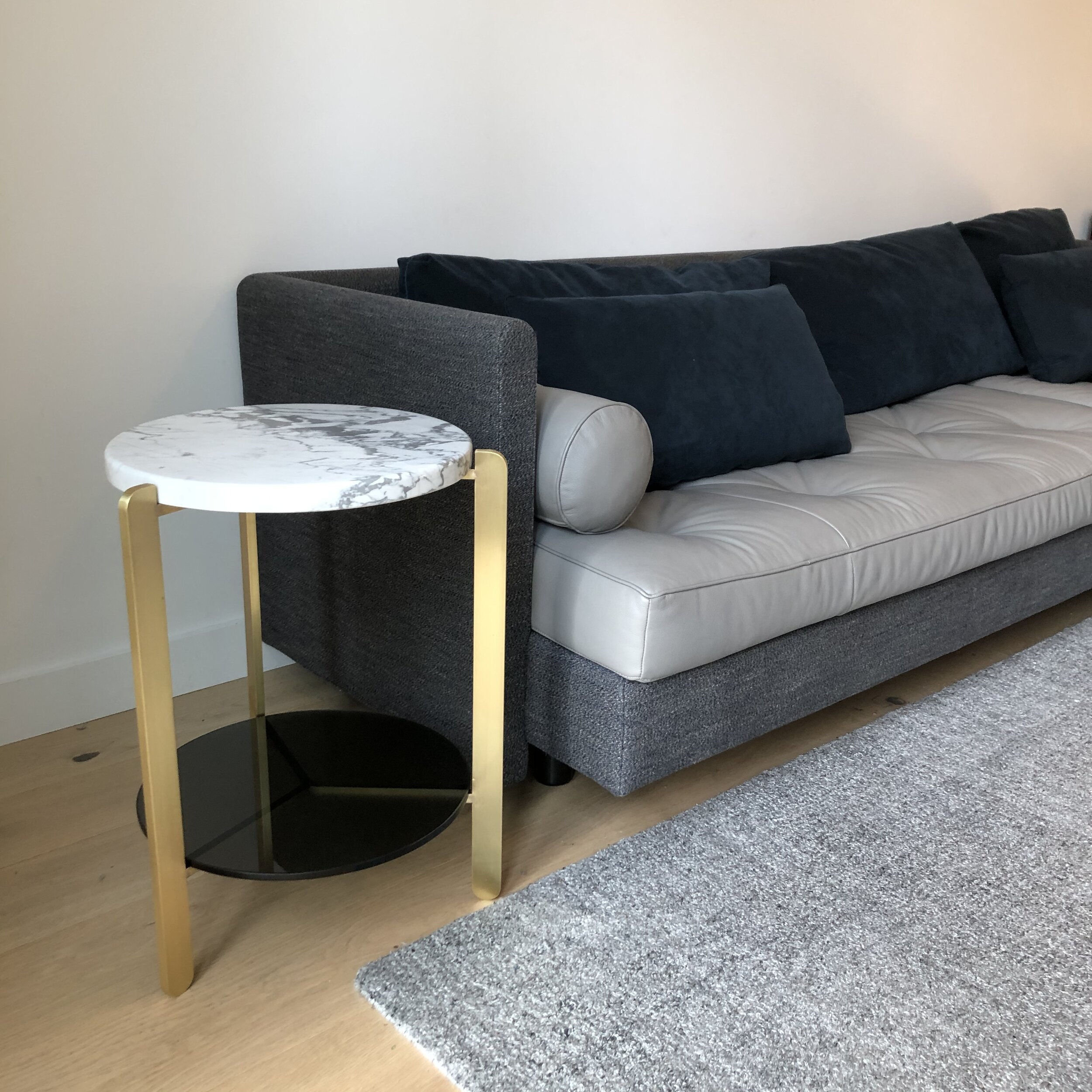  Client Sofa / Side Table Moment with “Ternary” Side Table in Brass, Marble, Grey Glass   (Download Tear Sheet)  