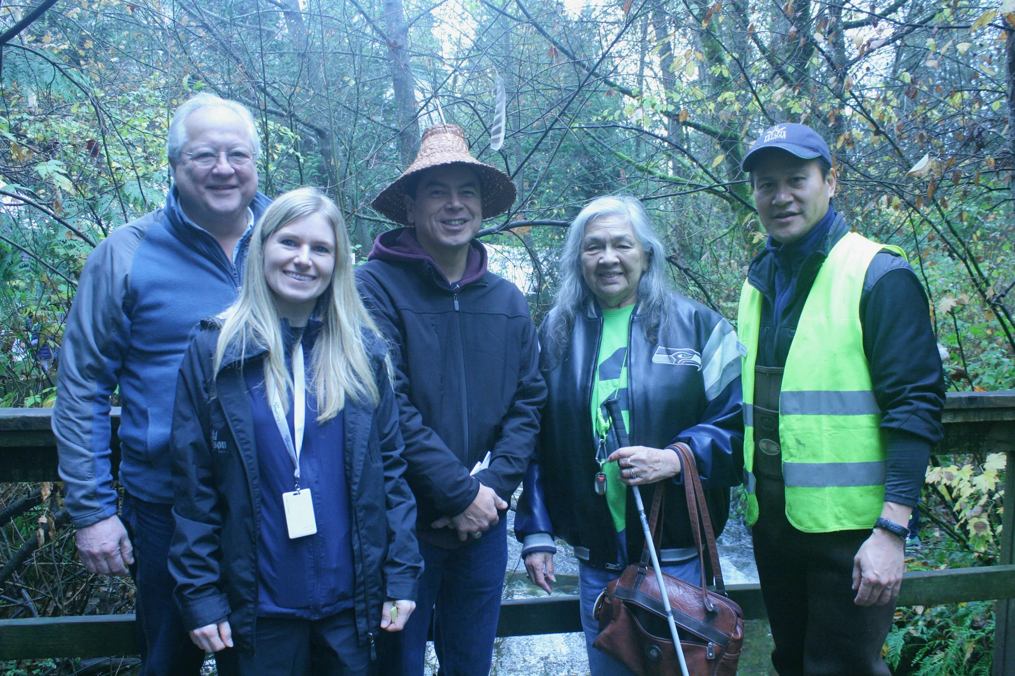Left to right: Maurice Coulter-Boisvert, DFO; Caresse Selk, City of Coquitlam; Ed Hall, Kwikwetlem First Nation; Beverley Mrockowski, Kwikwetlem First Nation; and Rodney Lee, Hoy-Scott Watershed Society (Photo: Robbin Whachell /HSWS)