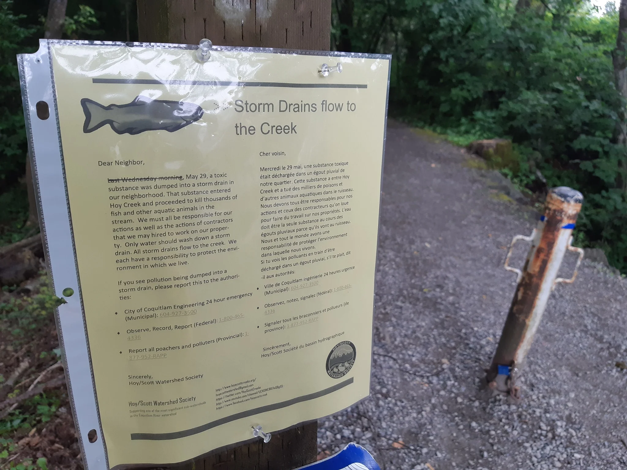 Hoy-Scott Watershed Society community notice. If you’d like one please email us at hoyscottcreeks@gmail.com. We have them in English, French, Farsi, Chinese, and Punjabi. See PUBLIC NOTICE links below in a variety of languages. .