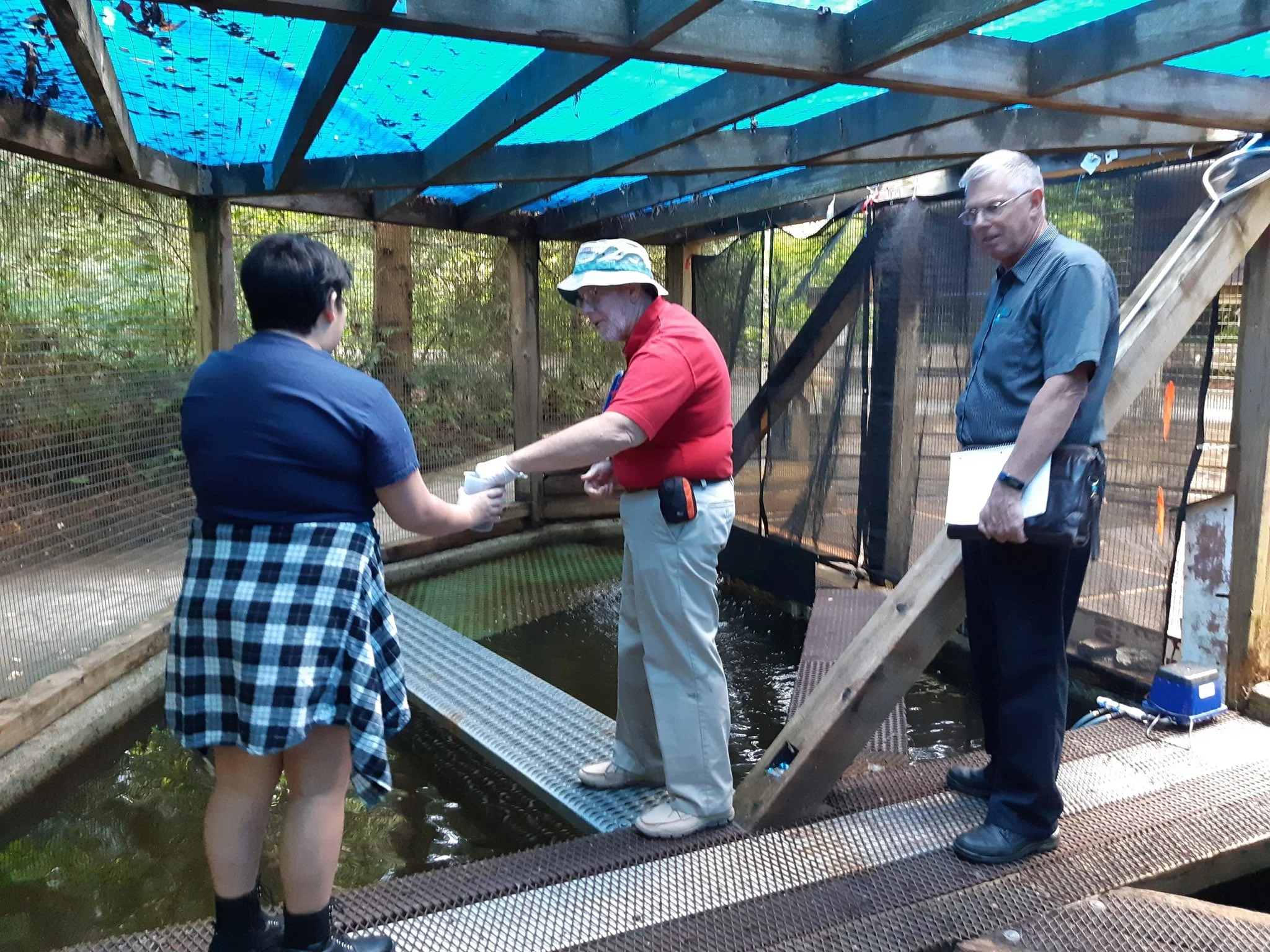 Feeding the coho fry at Hoy Creek Hatchery rearing pond. CiB judges Alex Pearl and John Lohuis. Communities in Bloom tour.
