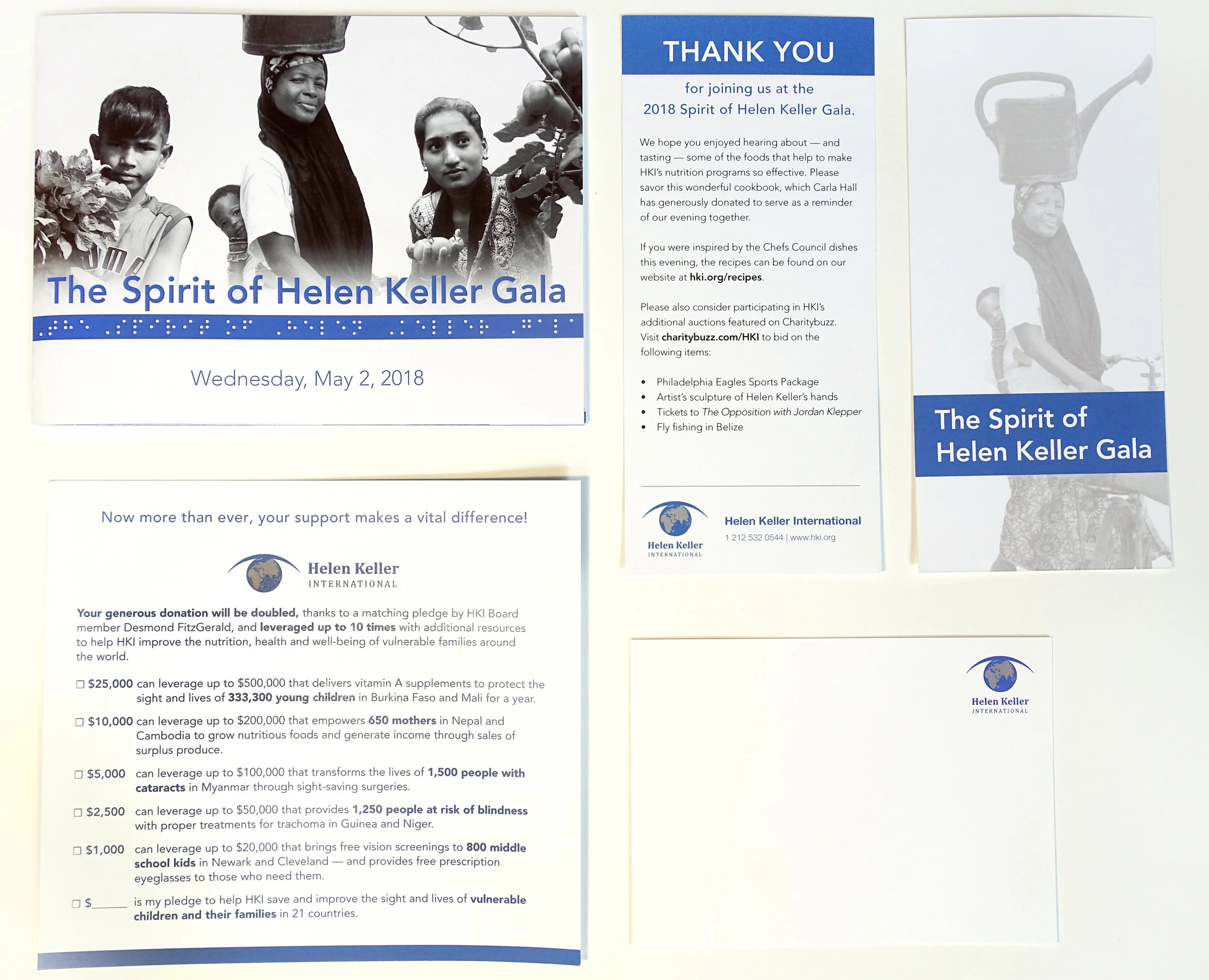 Program book, thank you card, and pledge card