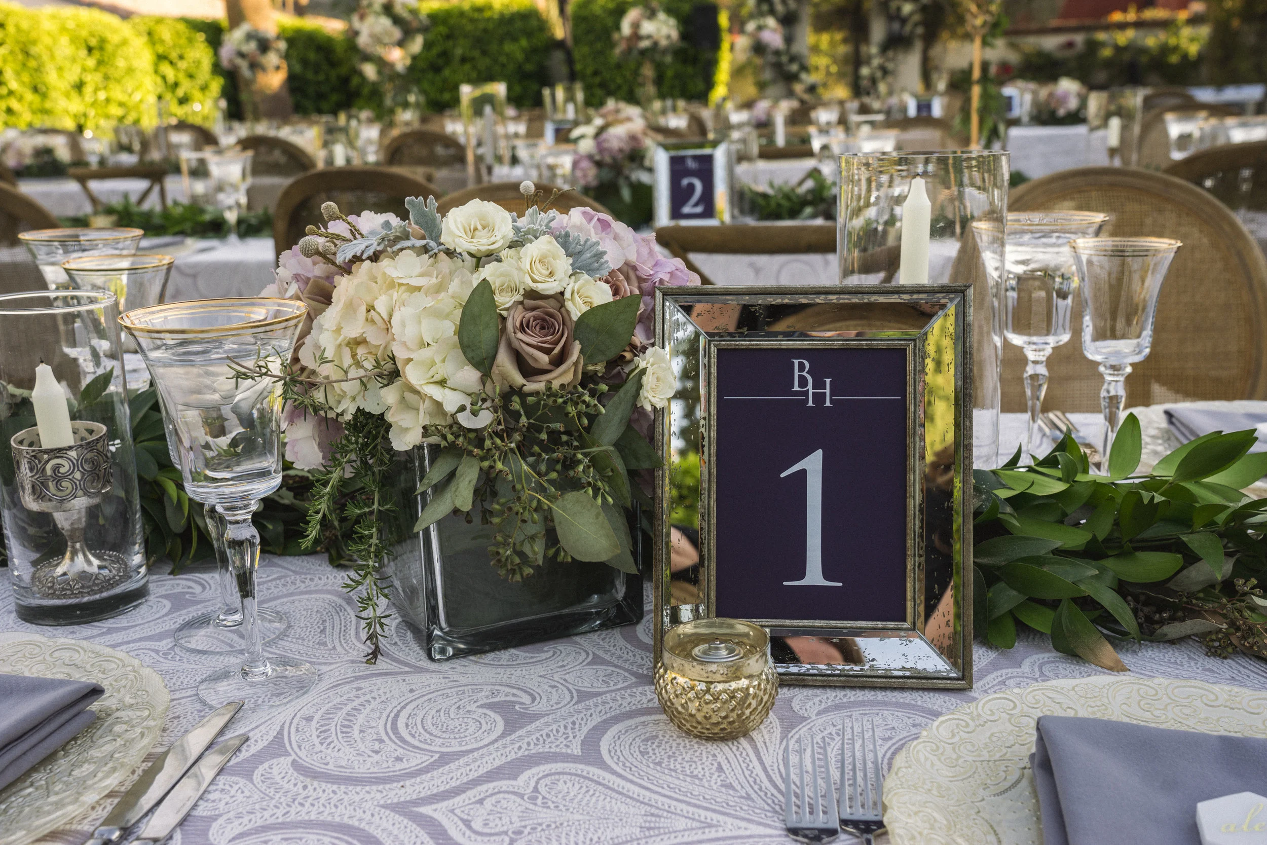 8 table number frame rose hydrangea centerpiece purple white lace linen dinner table Life Design Events photos by Keith and Melissa Photography.jpg