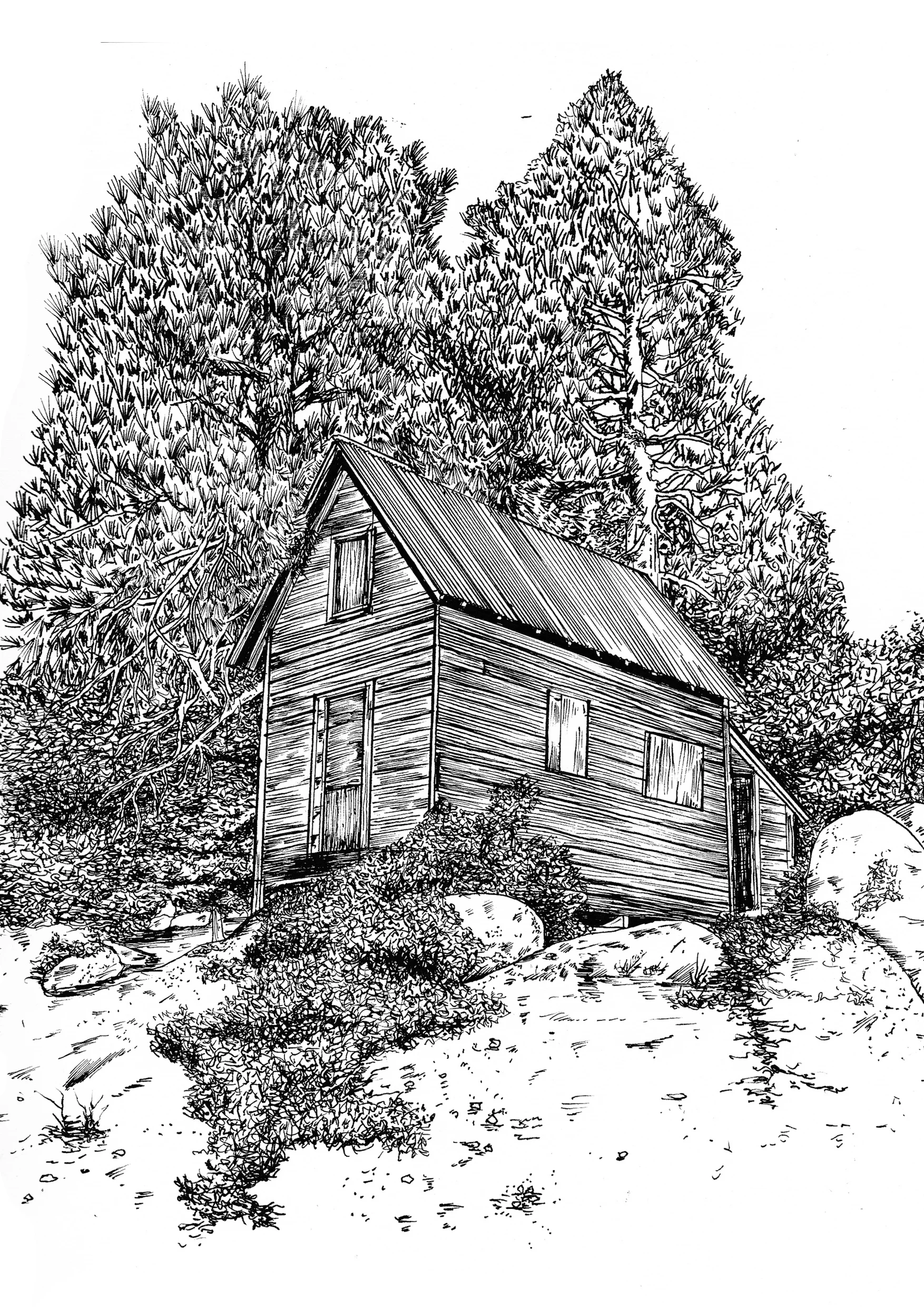 Famous fishing cabin in Green Valley Lake, California. Painted and drawn by a number of artists over the years, famous watercolor artist Robert E. Wood being one of them. Here's my rendition. 