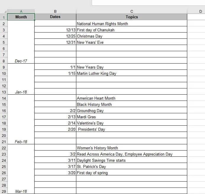 Content calendar template example