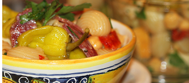 Gougères with Salami and Antipasto Salad